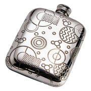 Silver flask with intricate engravings on a white background