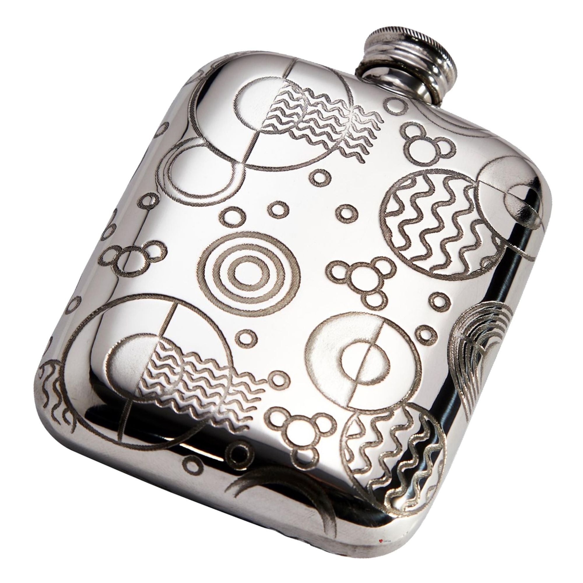Silver flask with intricate engravings on a white background