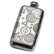 Silver flask with intricate patterns on a white background