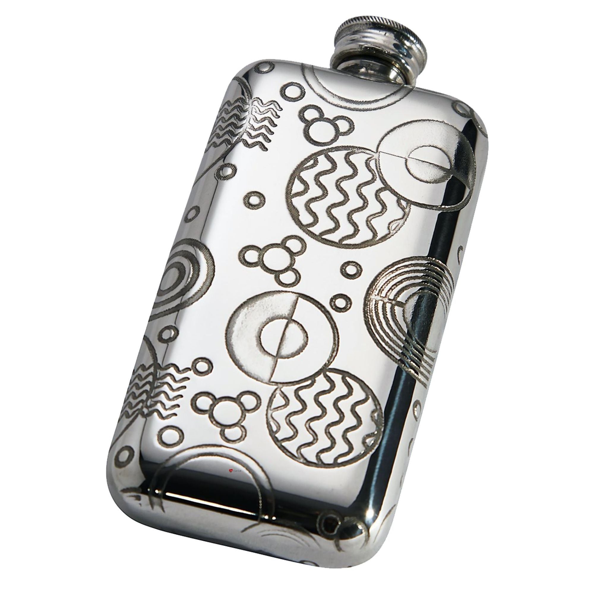 Silver flask with intricate patterns on a white background
