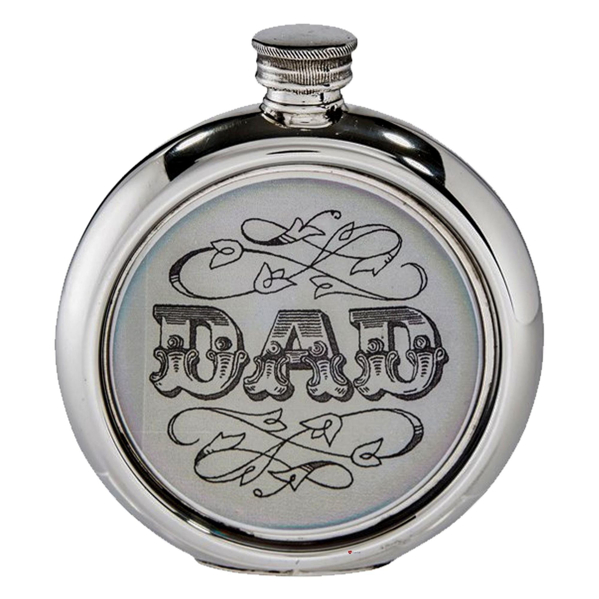 Silver flask with 'DAD' engraving on a white background