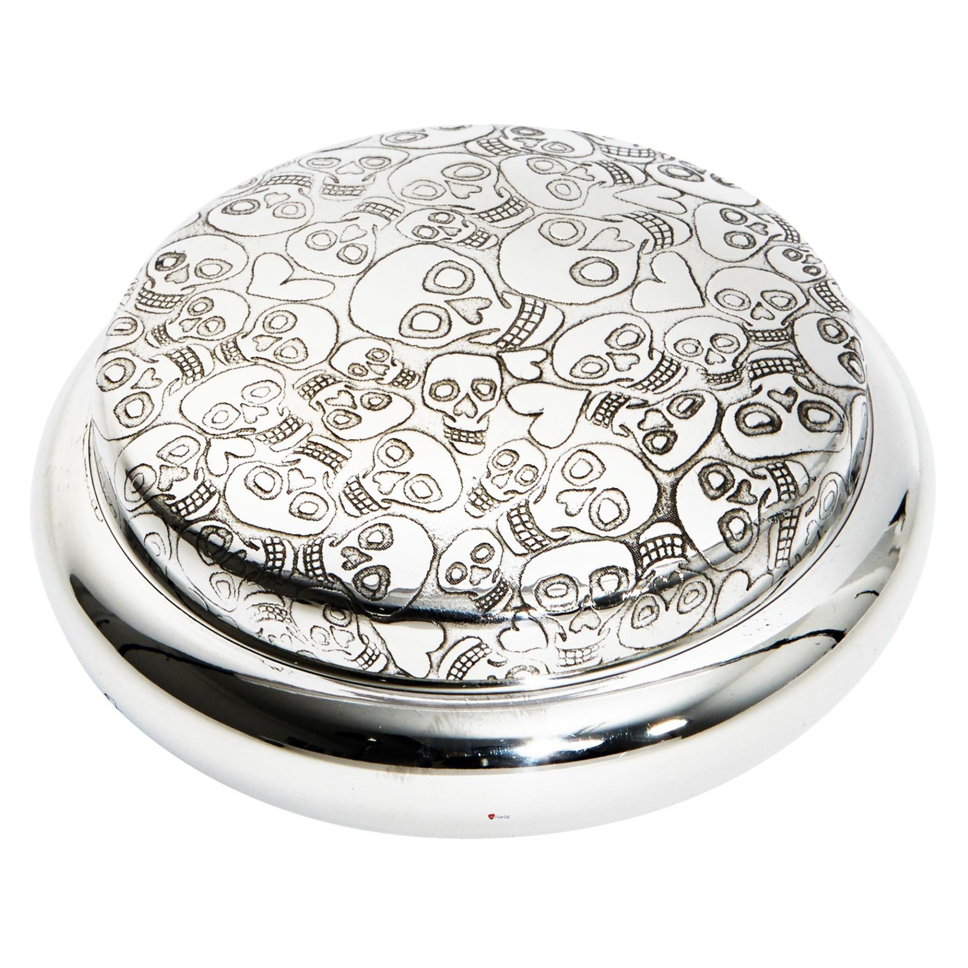 Silver round object with skull design on a white background