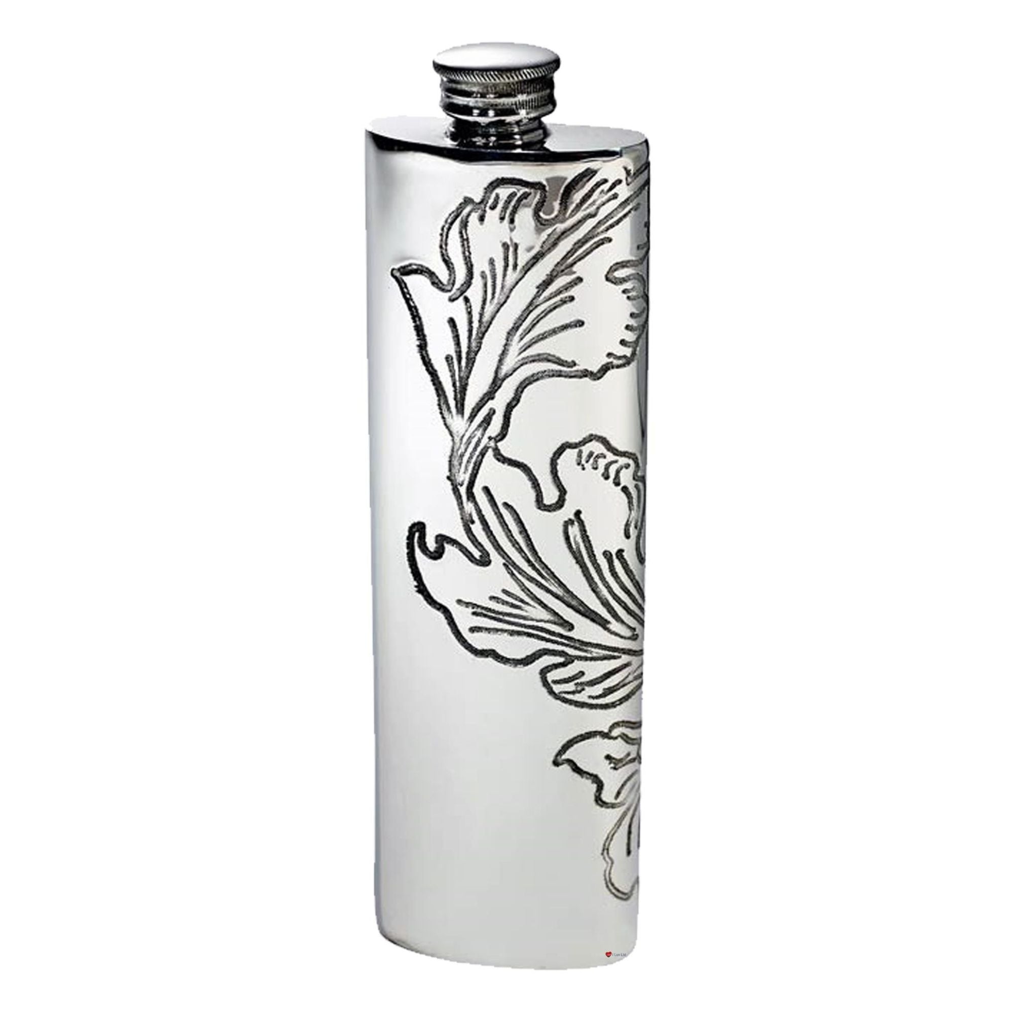 Silver hip flask with floral engraving on a white background
