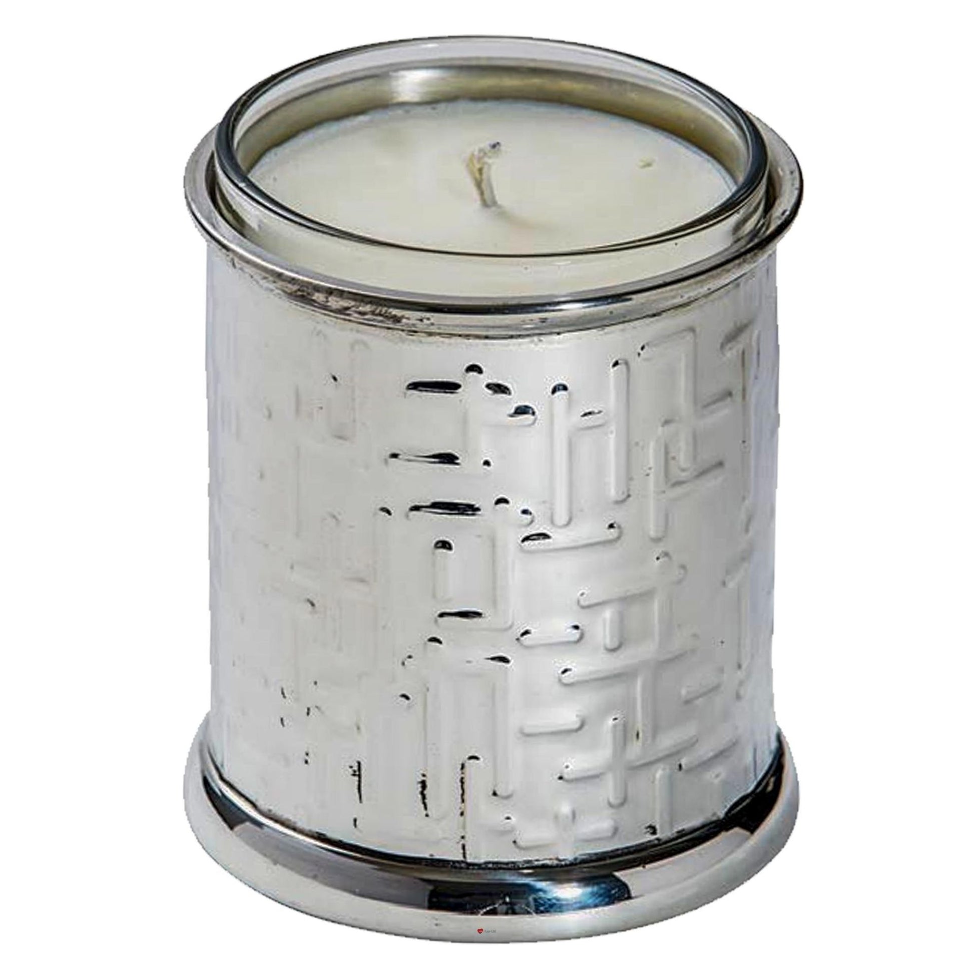 White candle in a decorative silver holder on a white background
