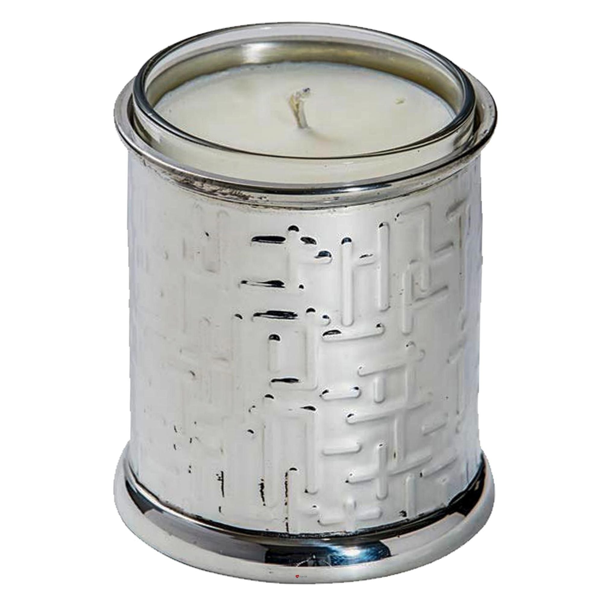White candle in a decorative silver holder on a white background