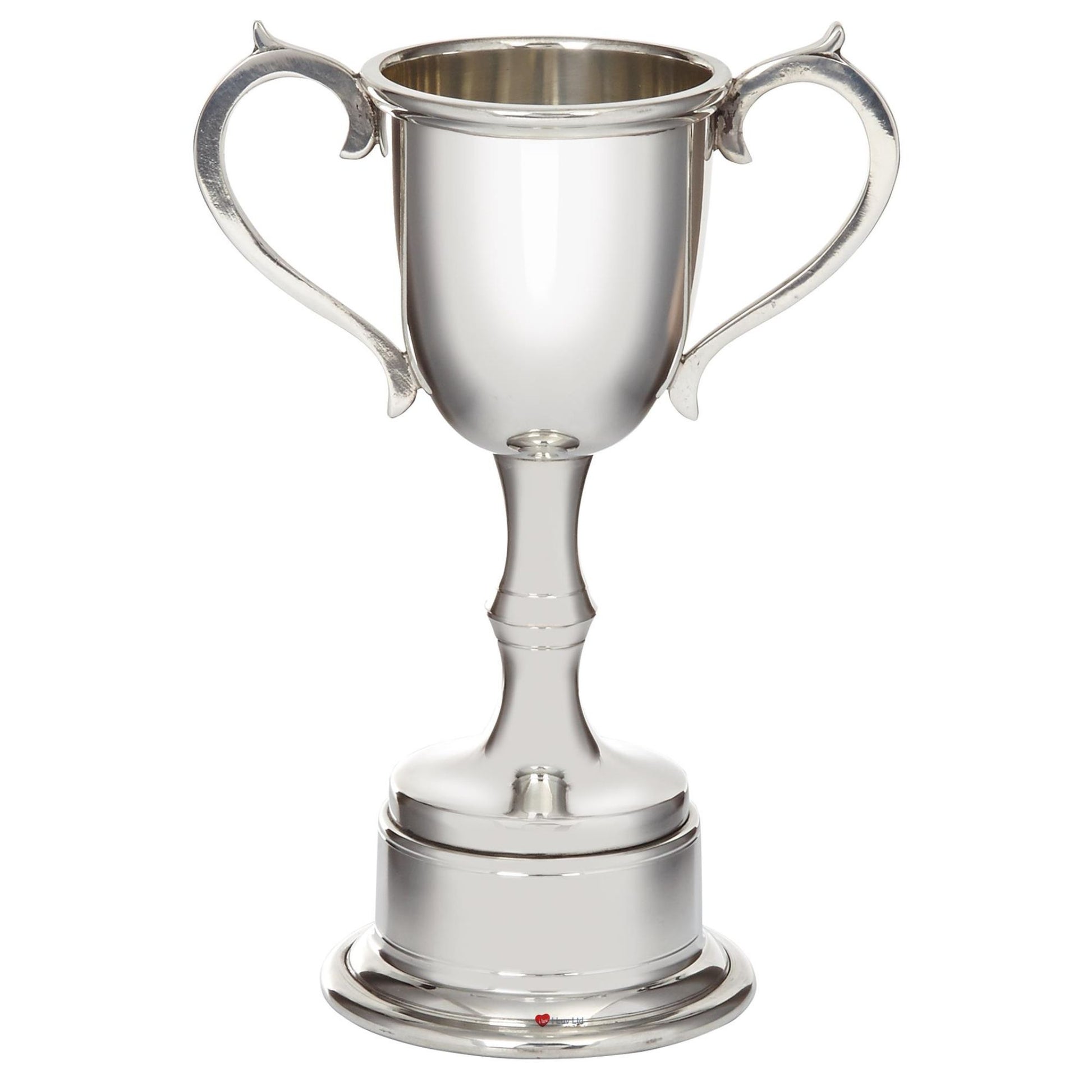 Silver trophy cup with two handles on a white background