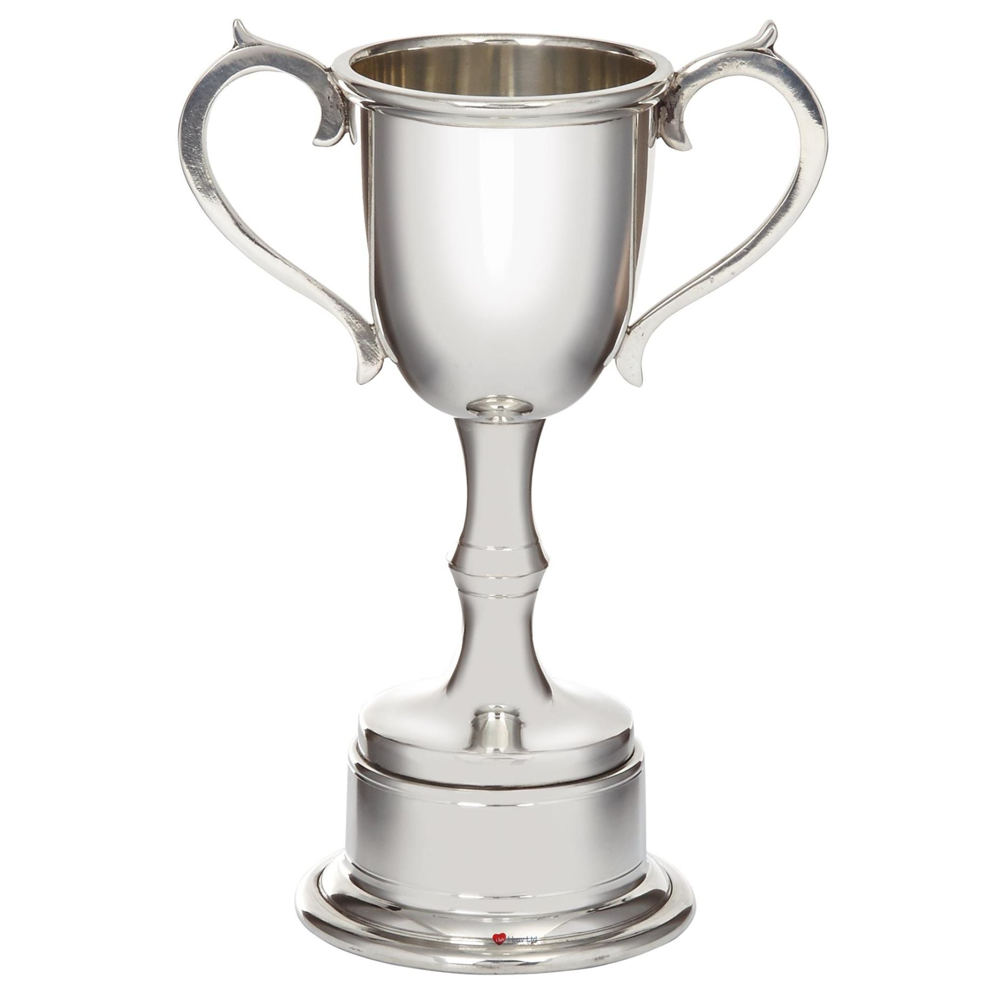 Silver trophy cup with two handles on a white background