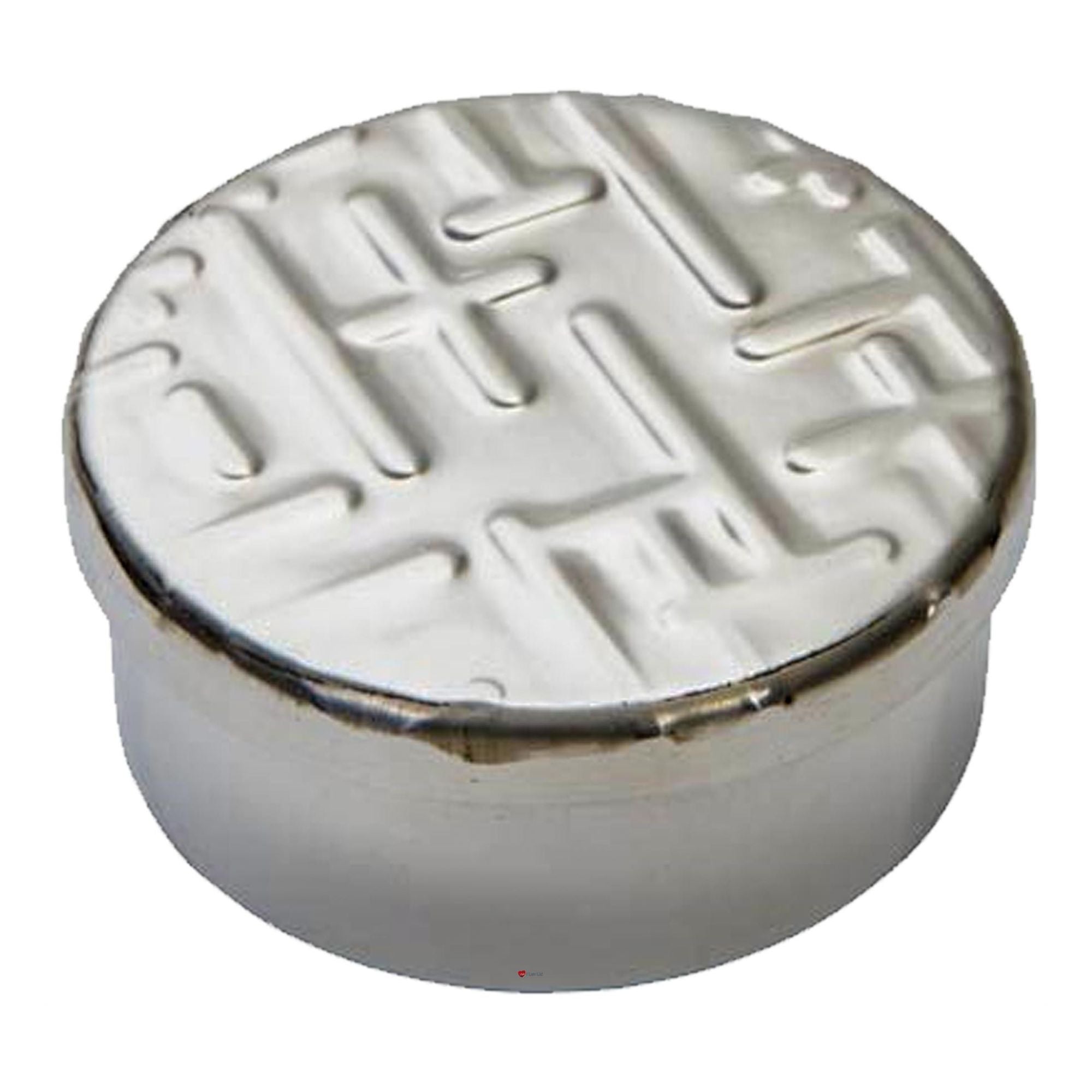Round ceramic object with embossed design on a white background