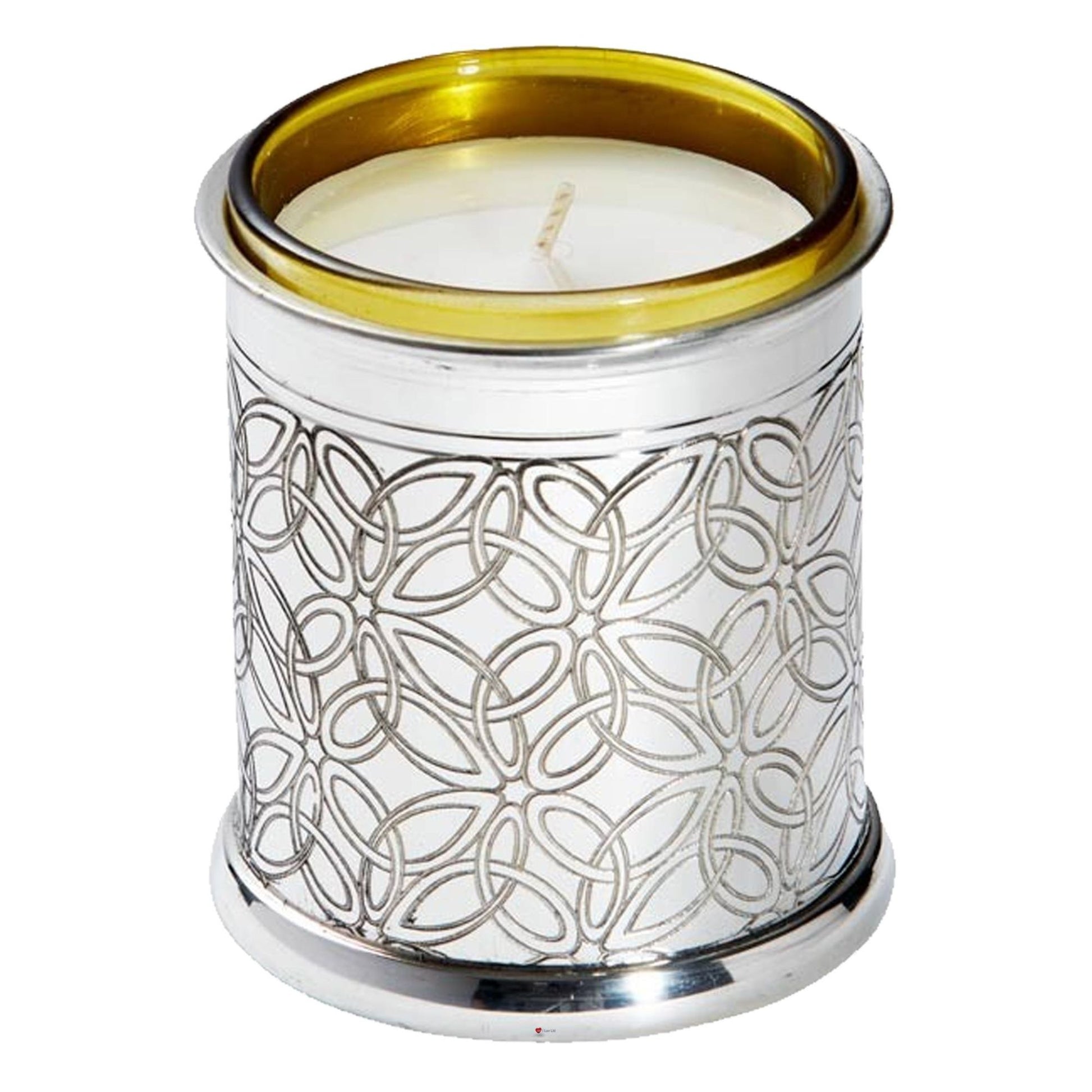 Decorative candle in a silver holder with a gold rim on a white background
