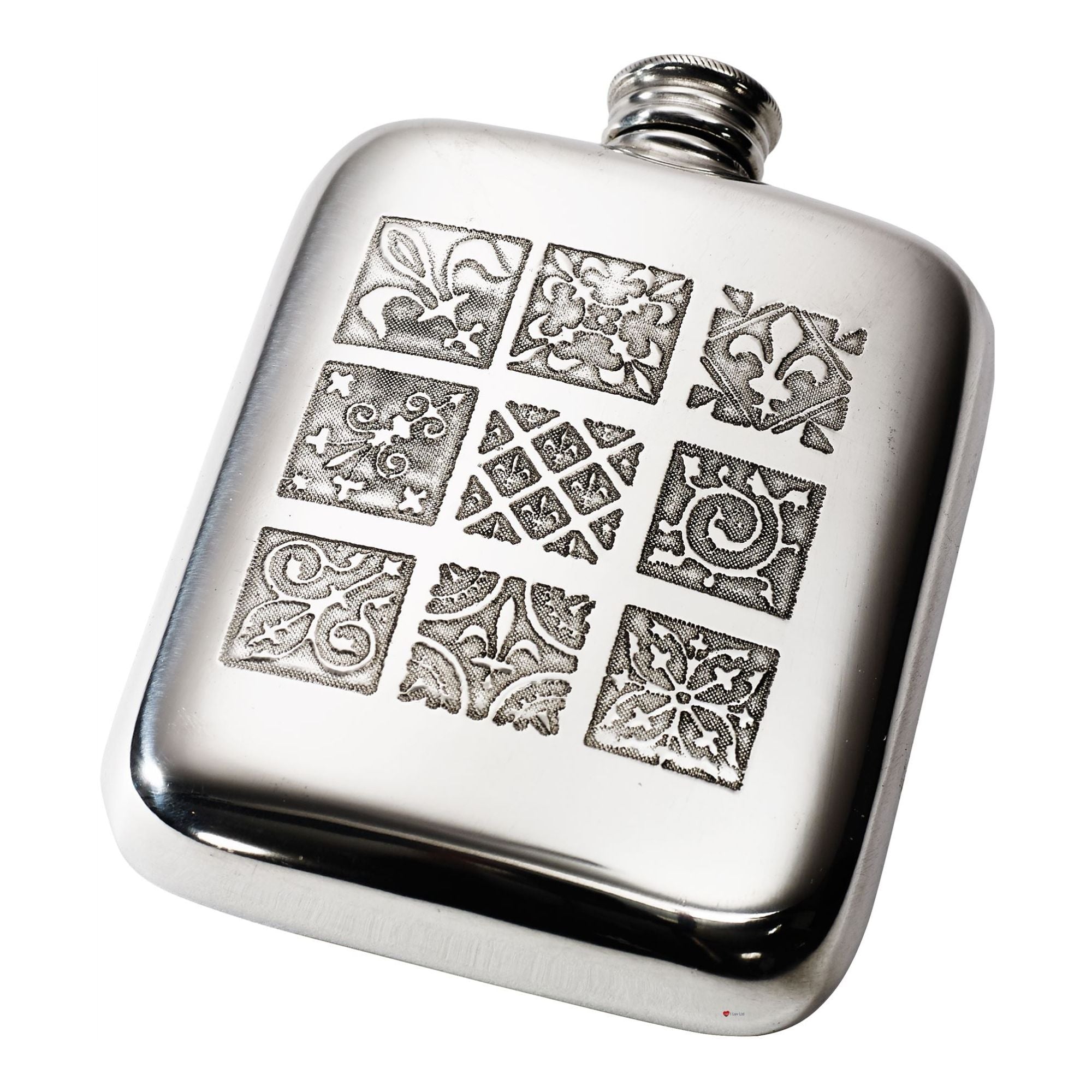 Silver hip flask with engraved patterns on a white background