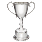 Silver trophy cup with two handles on a white background