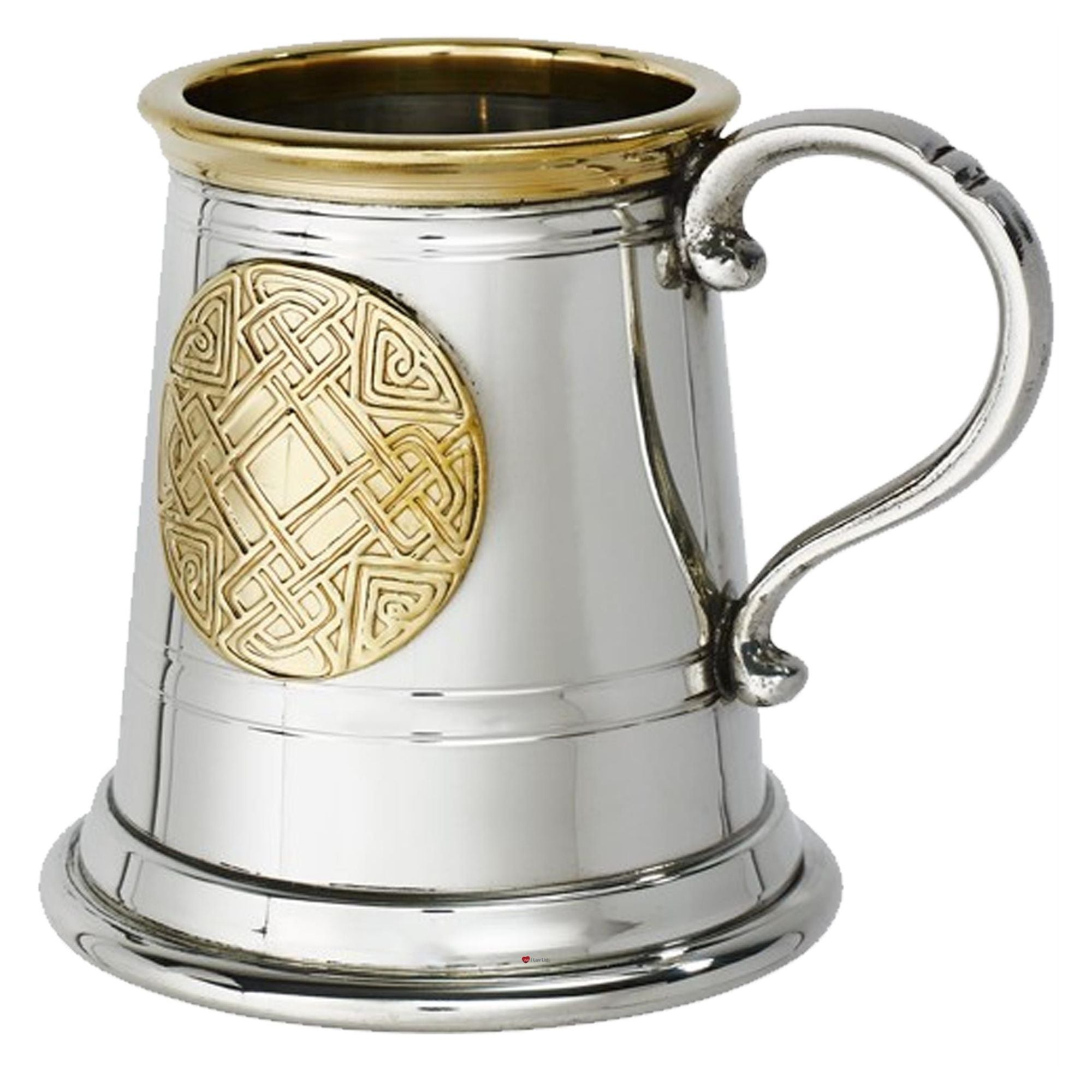 Silver tankard with gold Celtic knot design on a white background