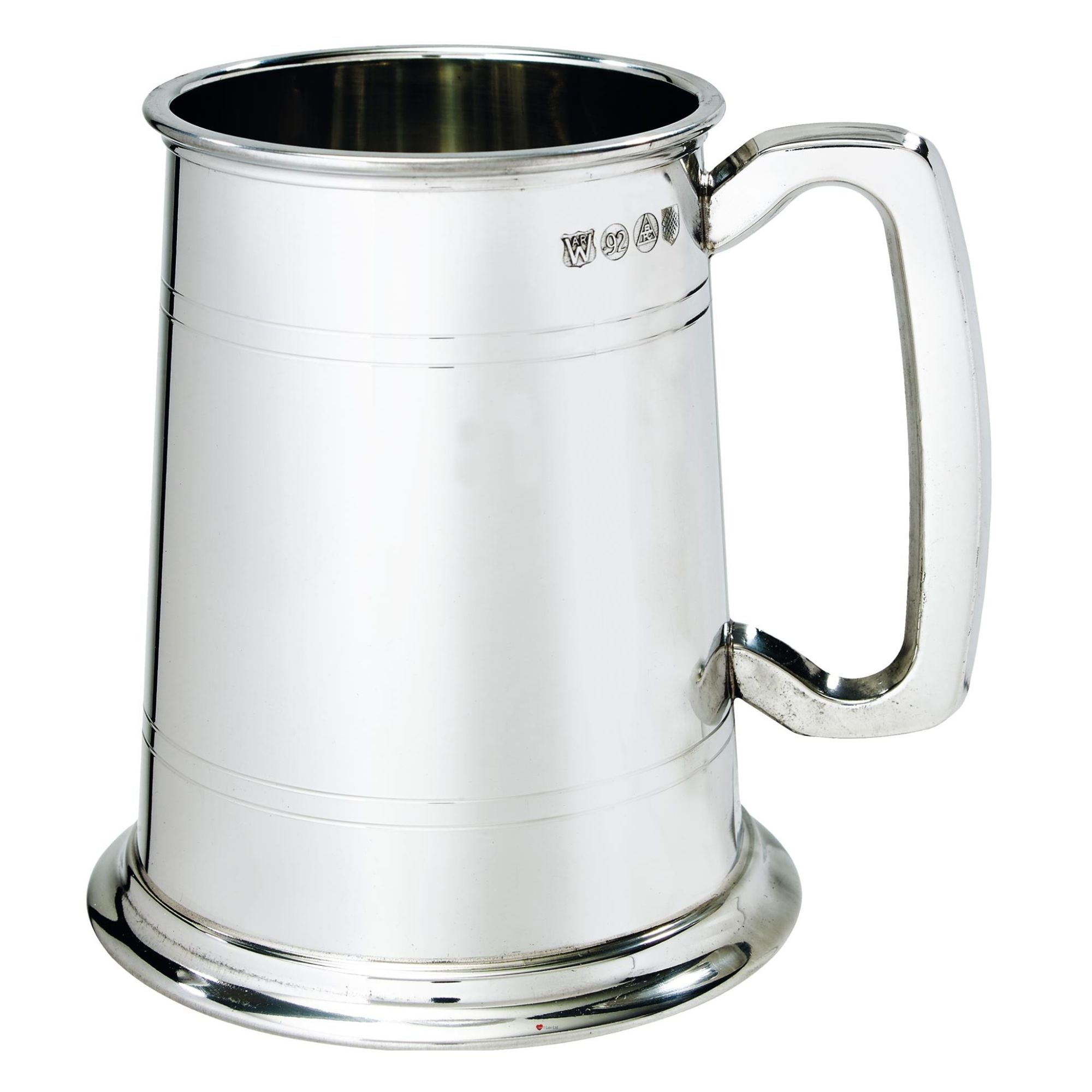 Silver tankard with a handle on a white background