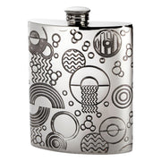 Silver flask with black geometric pattern on a white background