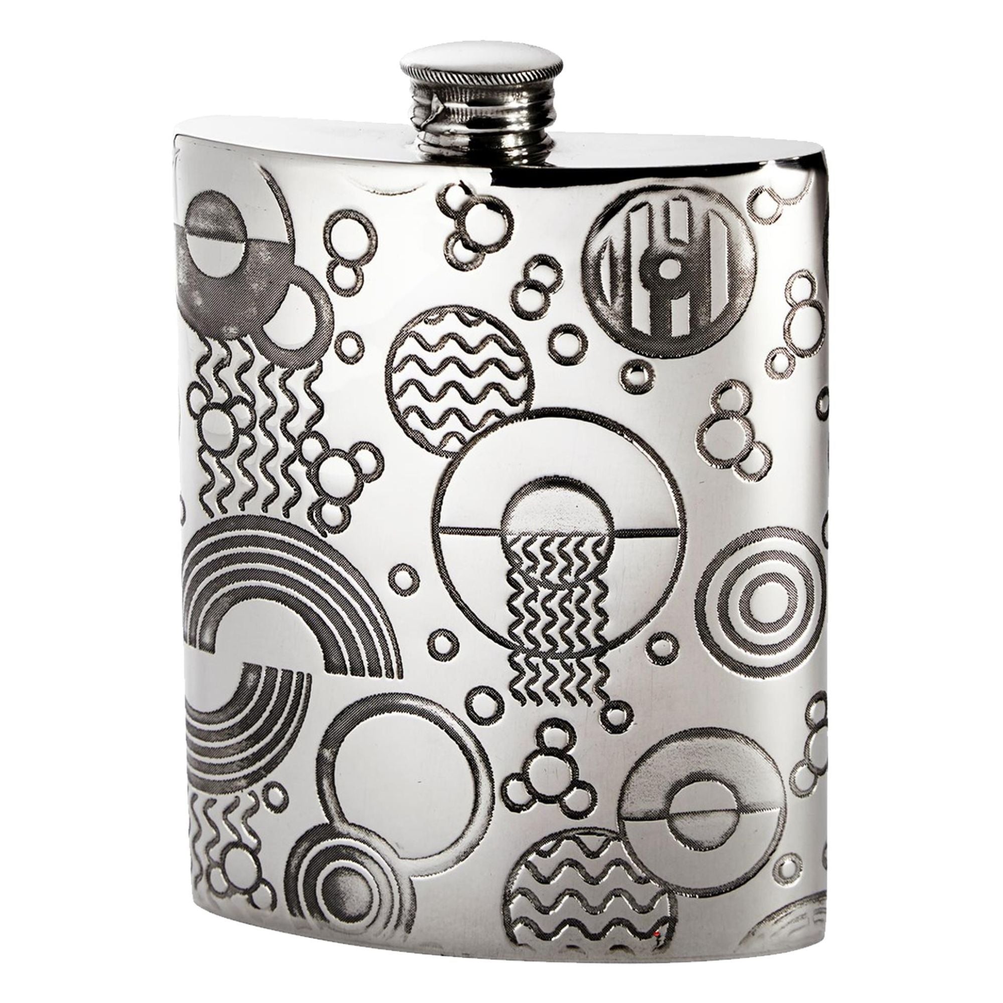 Silver flask with black geometric pattern on a white background