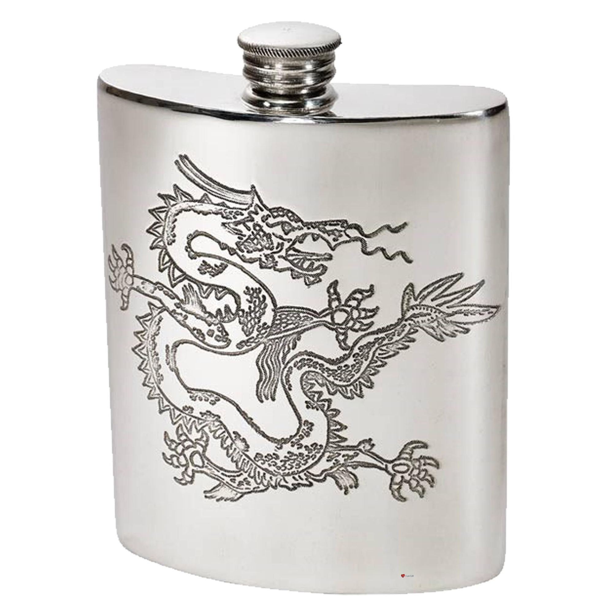 6oz Pewter Hip Flask Chinese Dragon Design Bright Polished Finish Screw Top