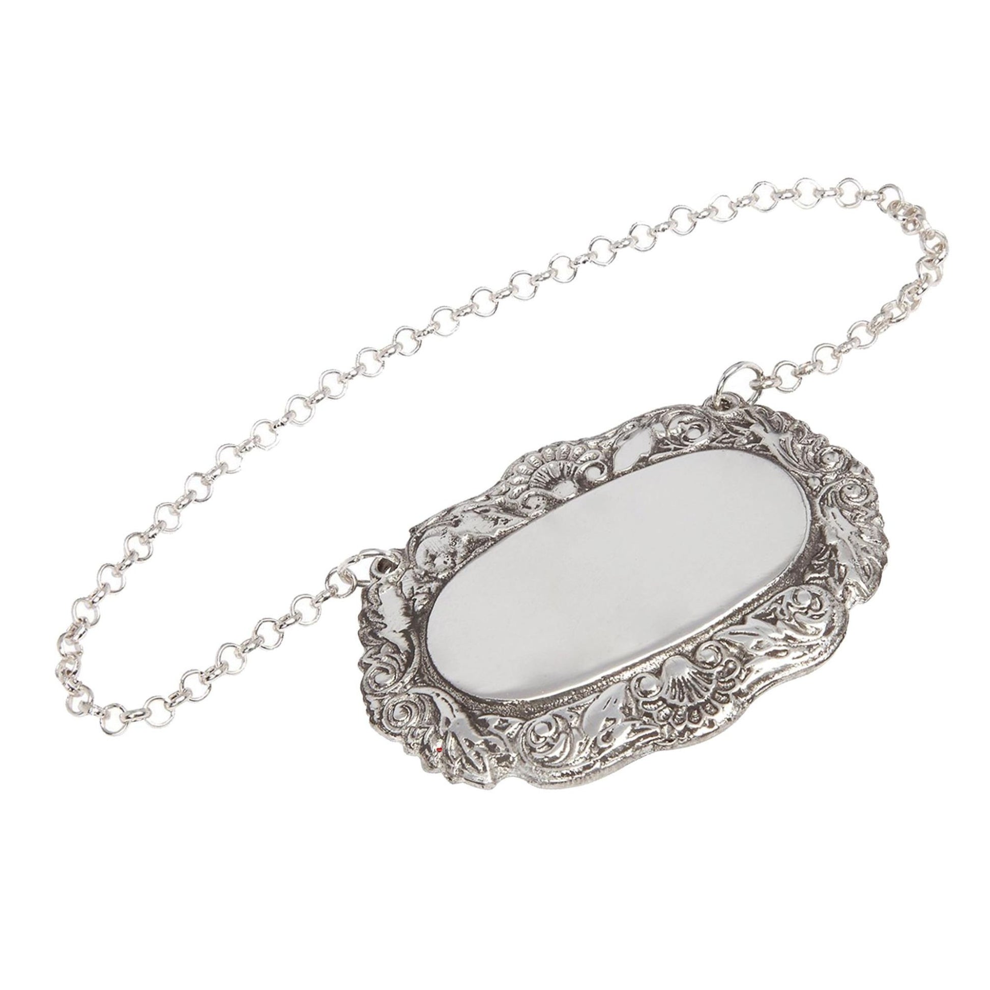 Silver necklace with an ornate pendant on a white background