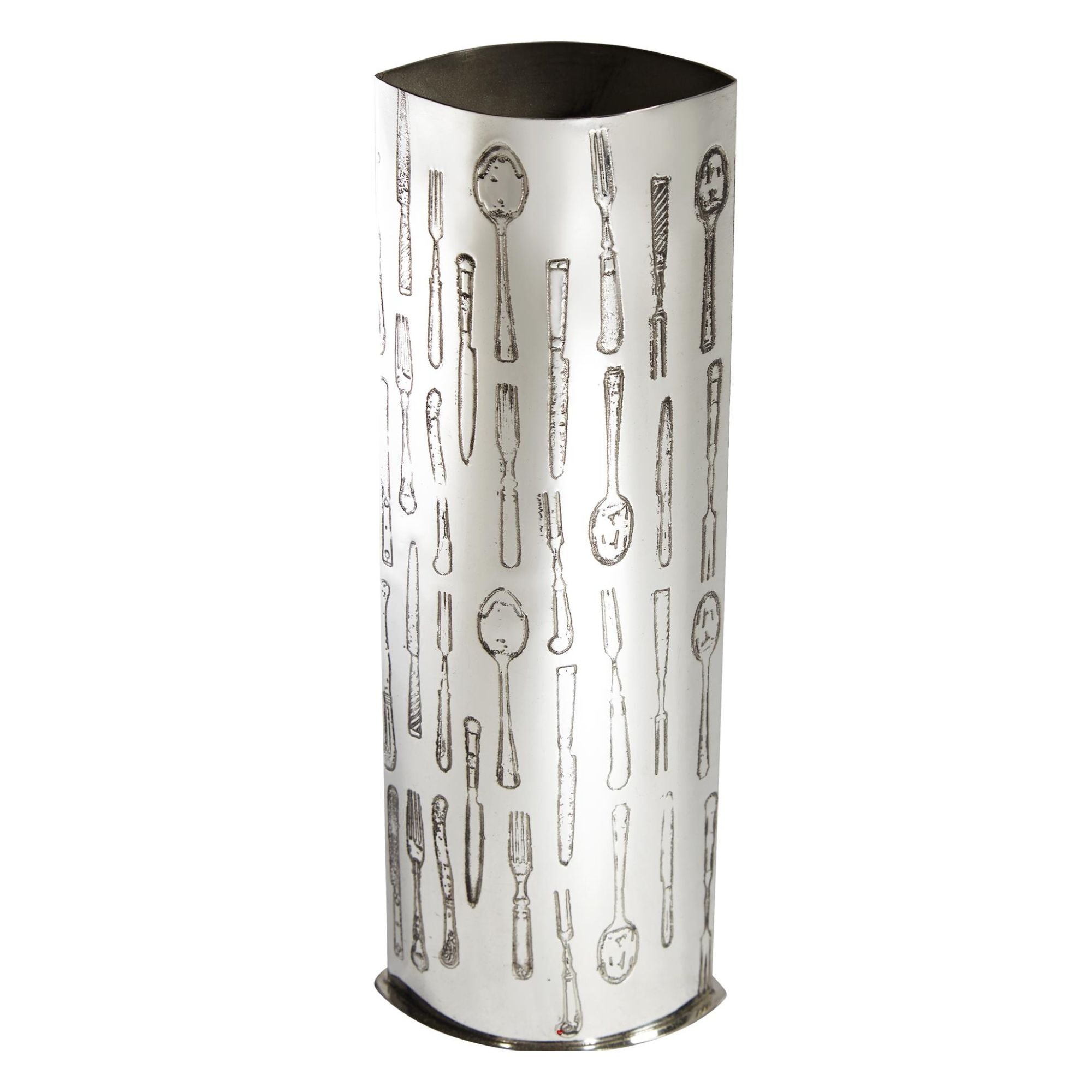 Large 10 inch Pewter Vase Embossed all over with Knife Fork and Spoon Pattern