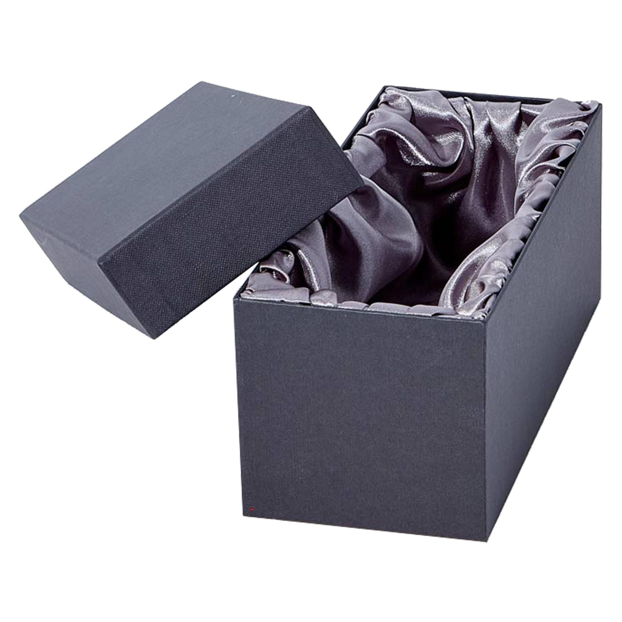 Gray gift box with open lid showing gray satin lining on a white background