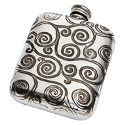 Silver flask with intricate black spiral pattern on a white background