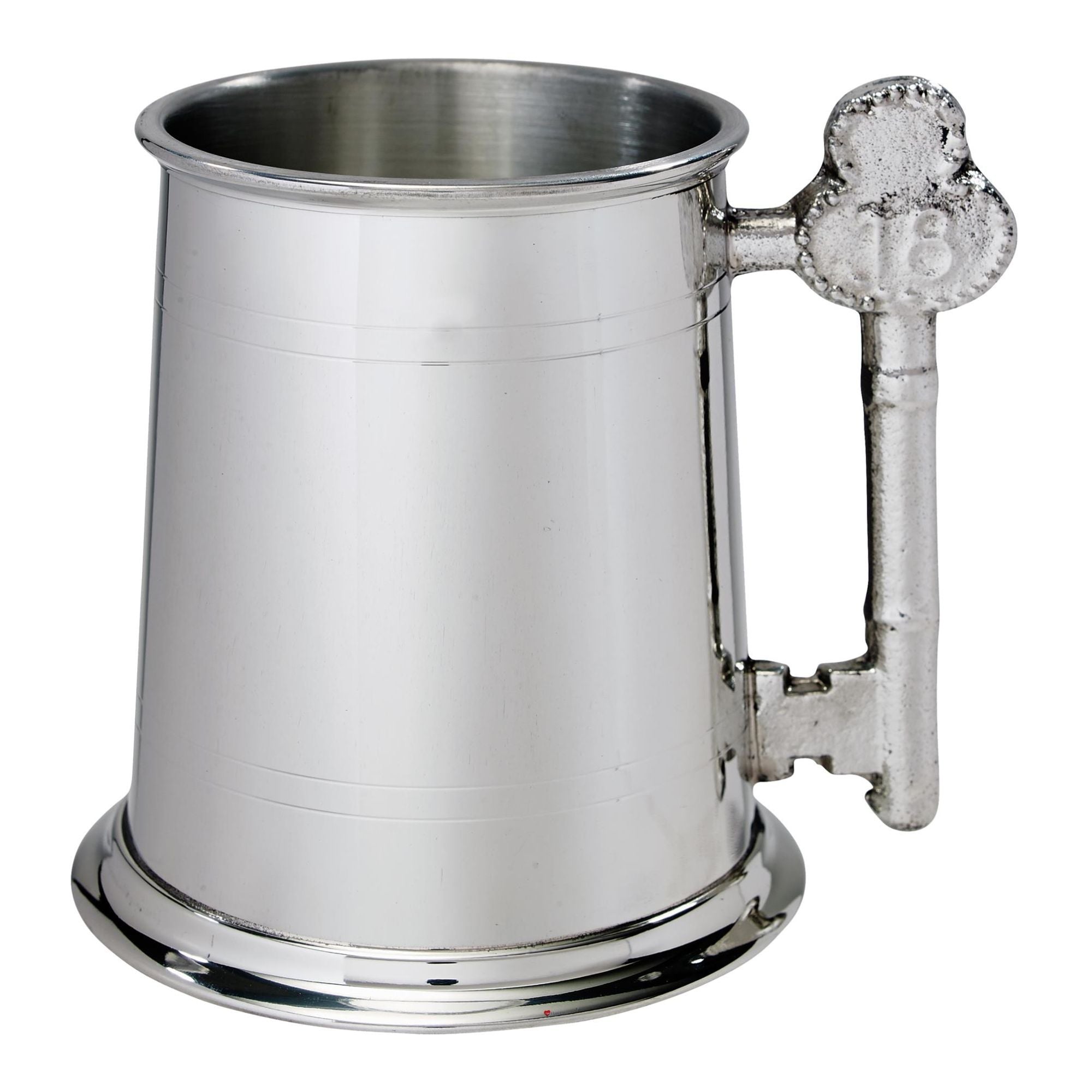 Silver tankard with a unique handle on a white background