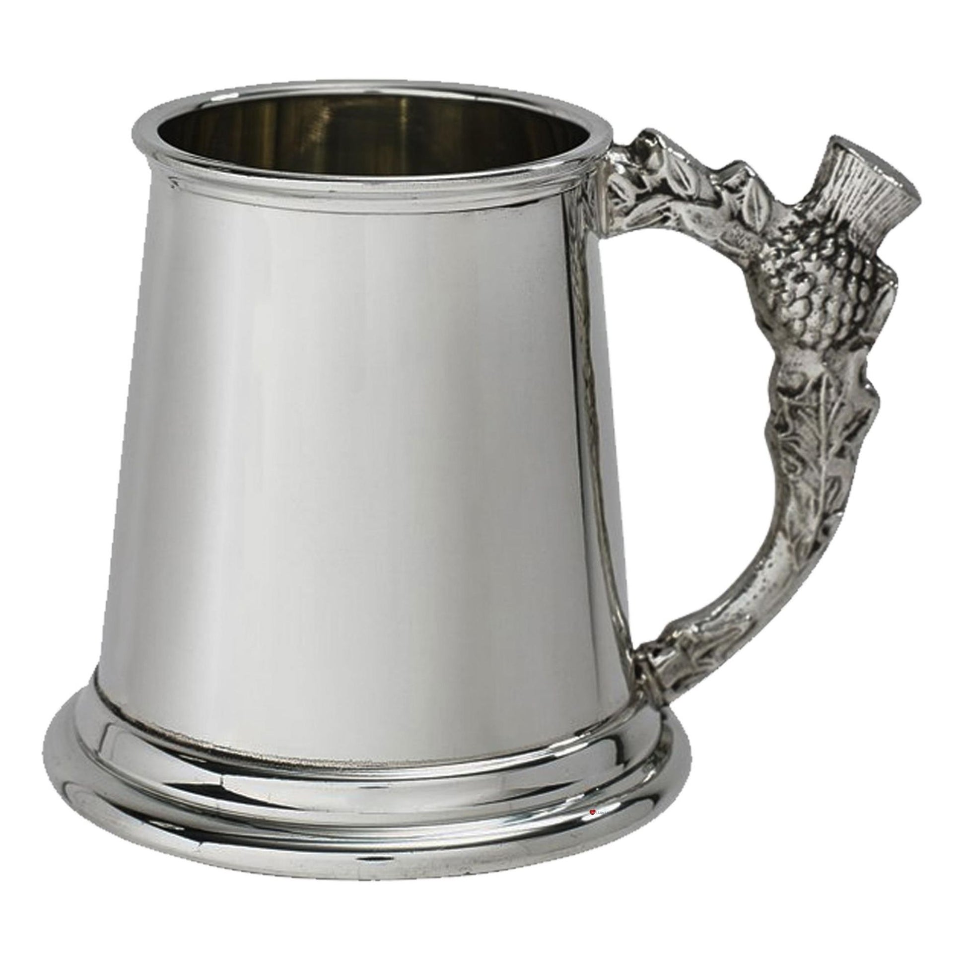 Silver tankard with acorn handle on a white background