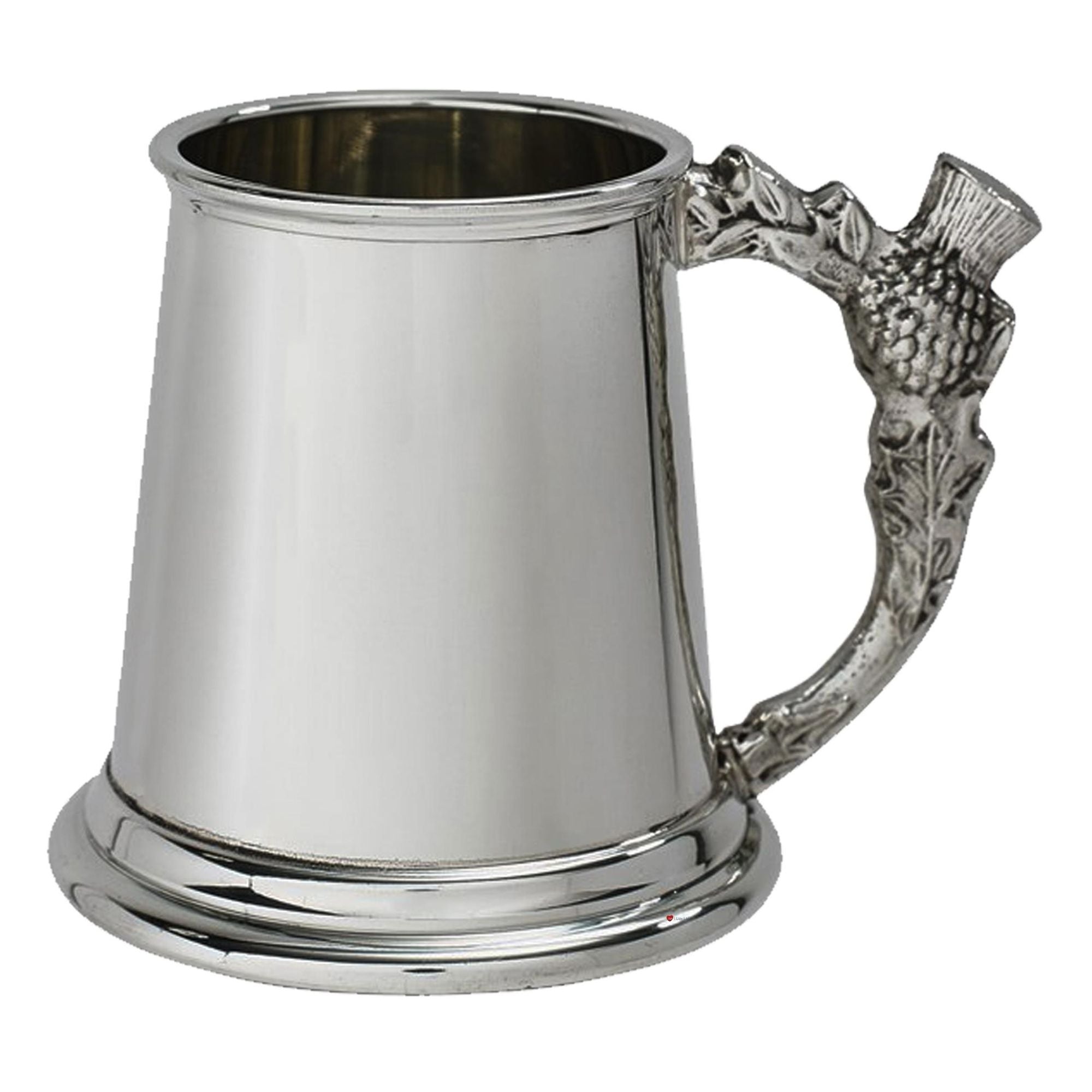 Silver tankard with acorn handle on a white background