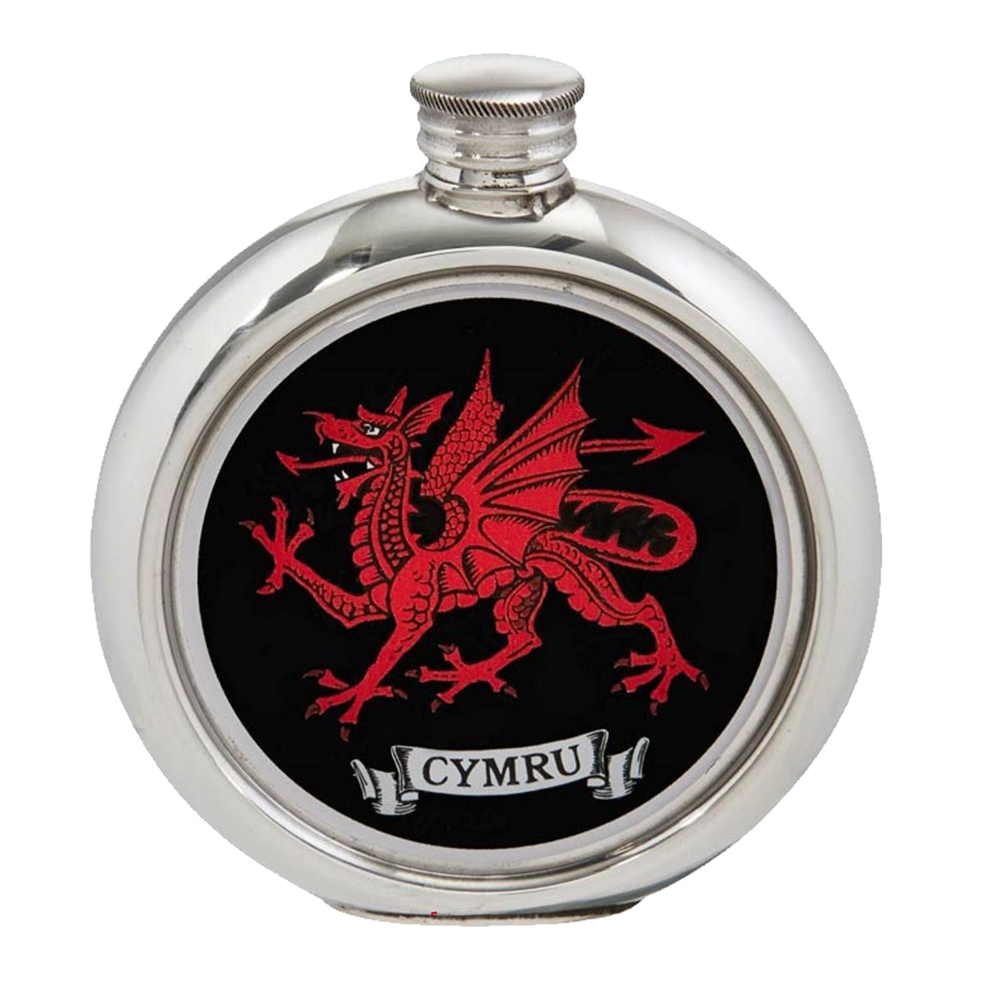 Round silver flask with red dragon and 'Cymru' text on a black background