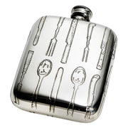 Silver hip flask with engraved cutlery design on a white background