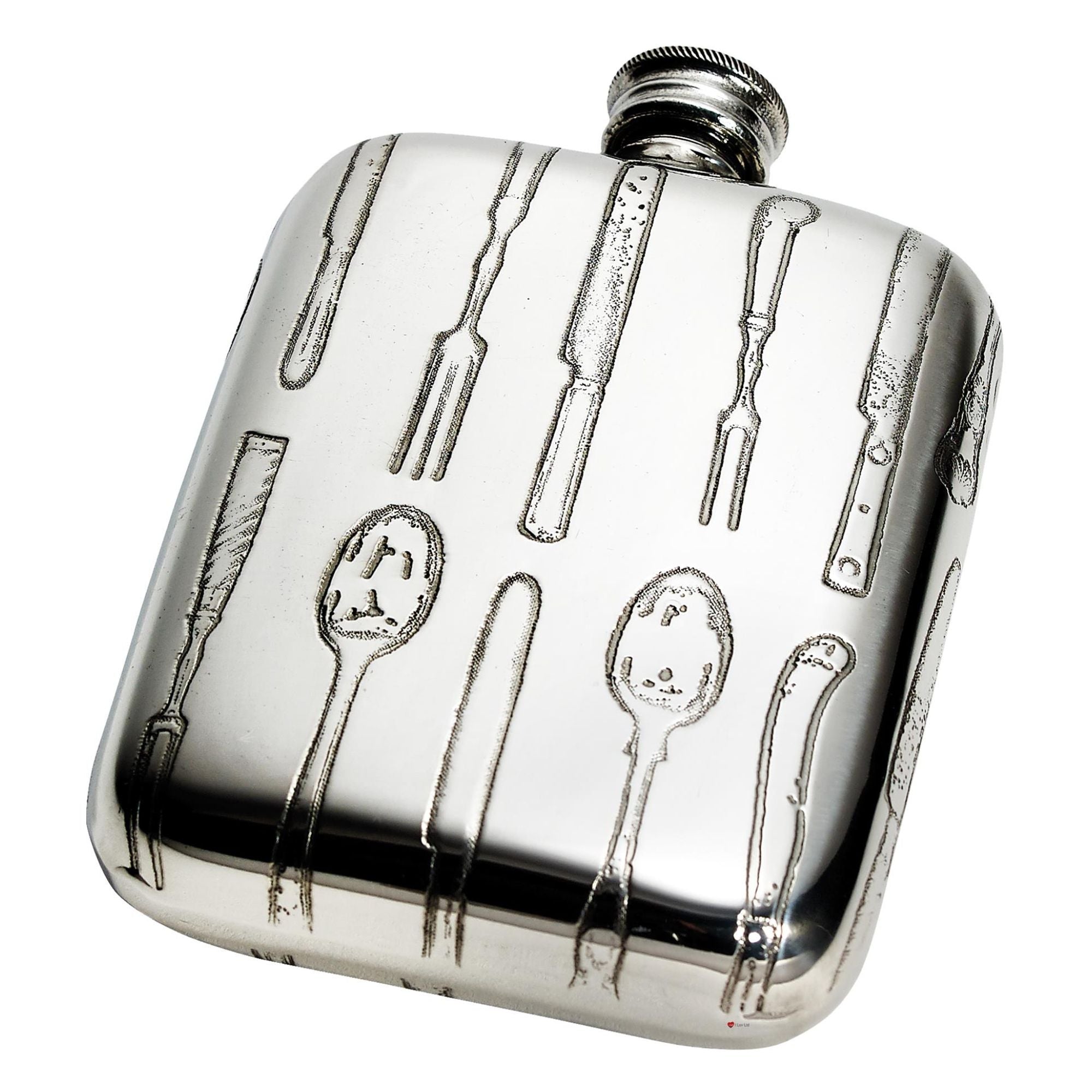 Silver hip flask with engraved cutlery design on a white background
