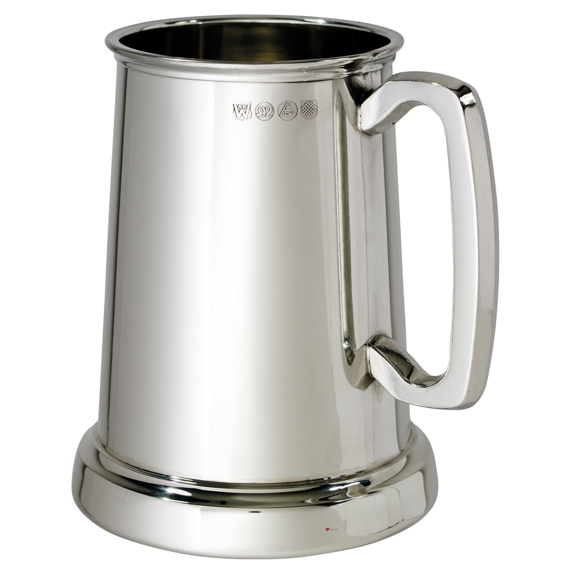 Silver tankard with handle on a white background