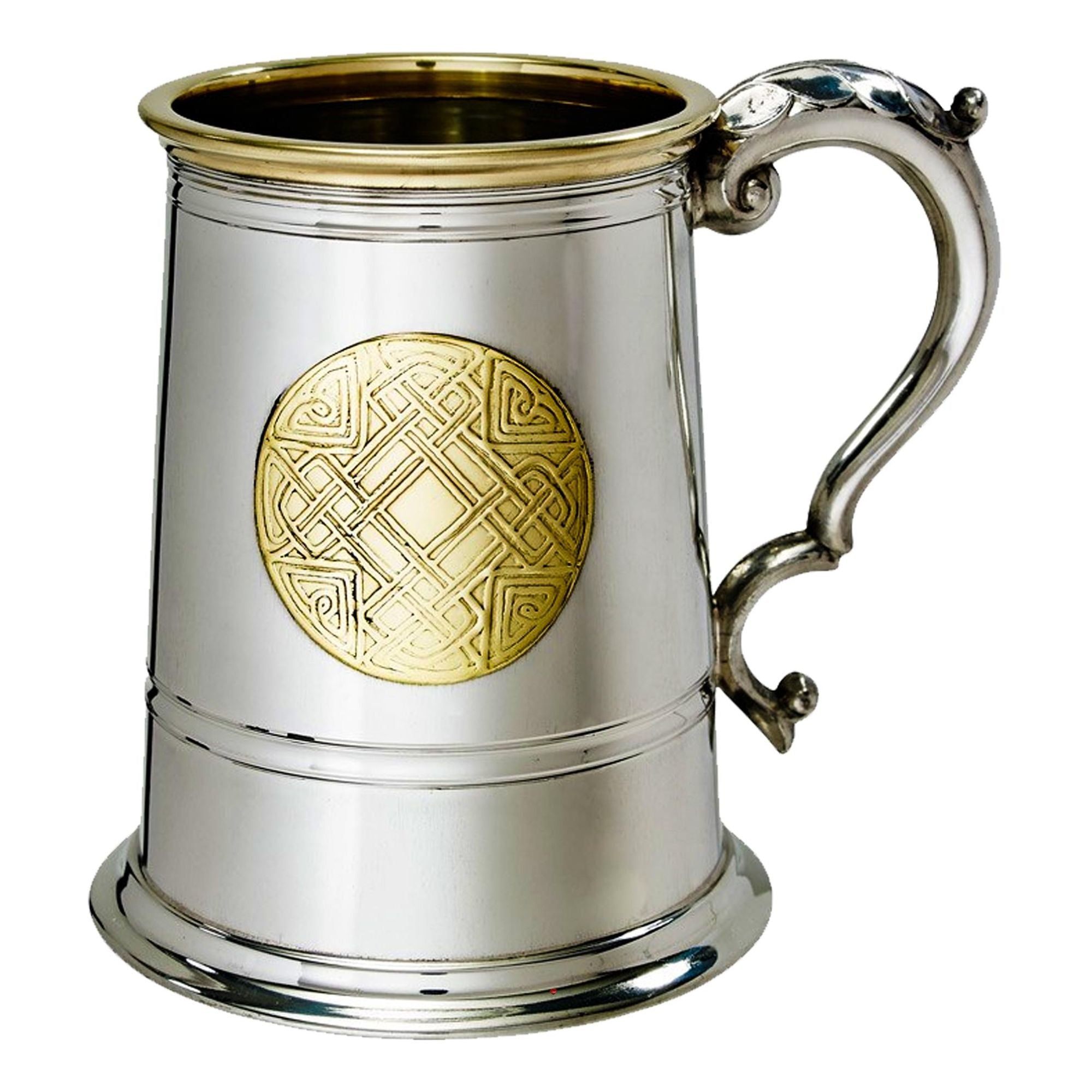 Silver tankard with gold emblem and decorative handle on a white background