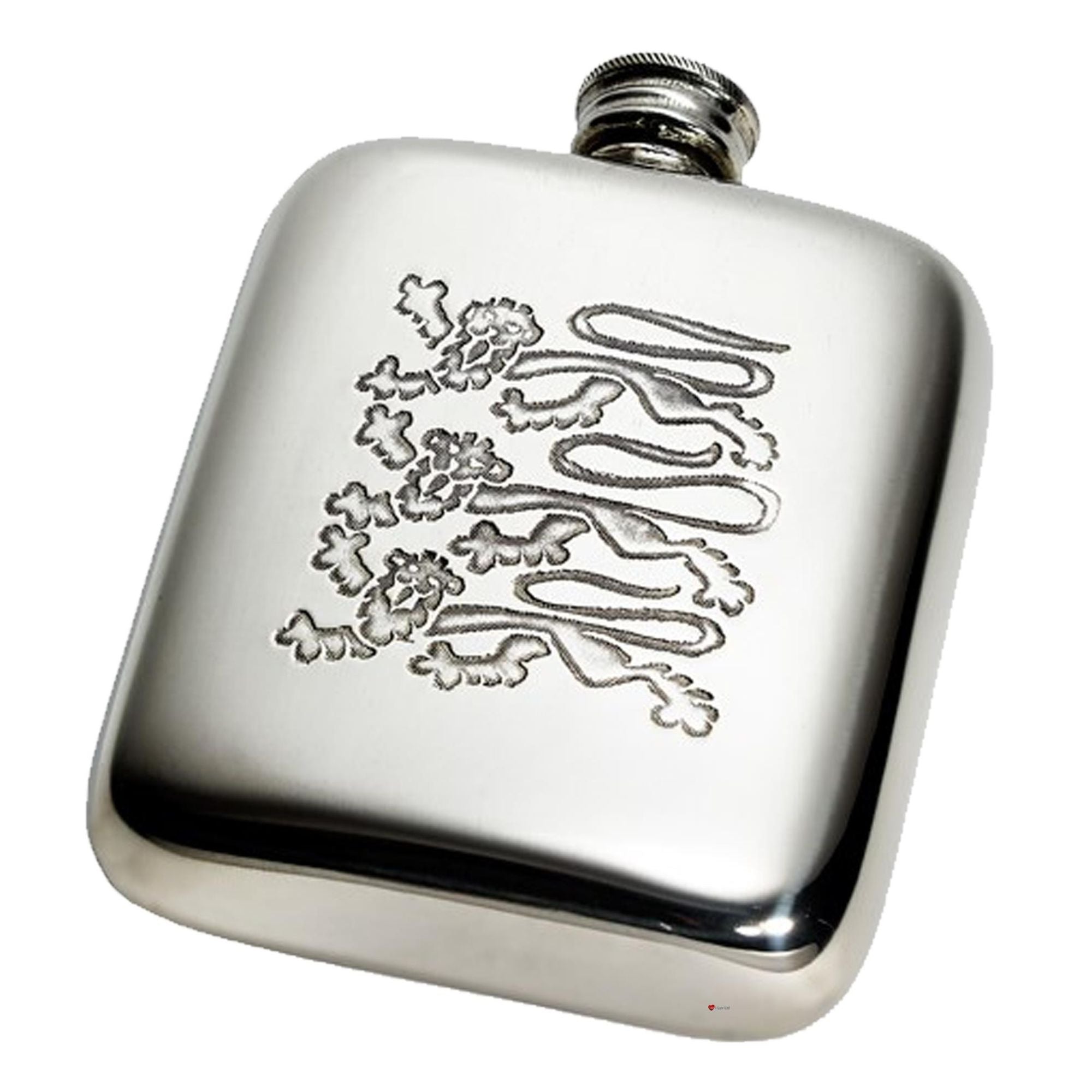 Silver flask with engraved design on a white background