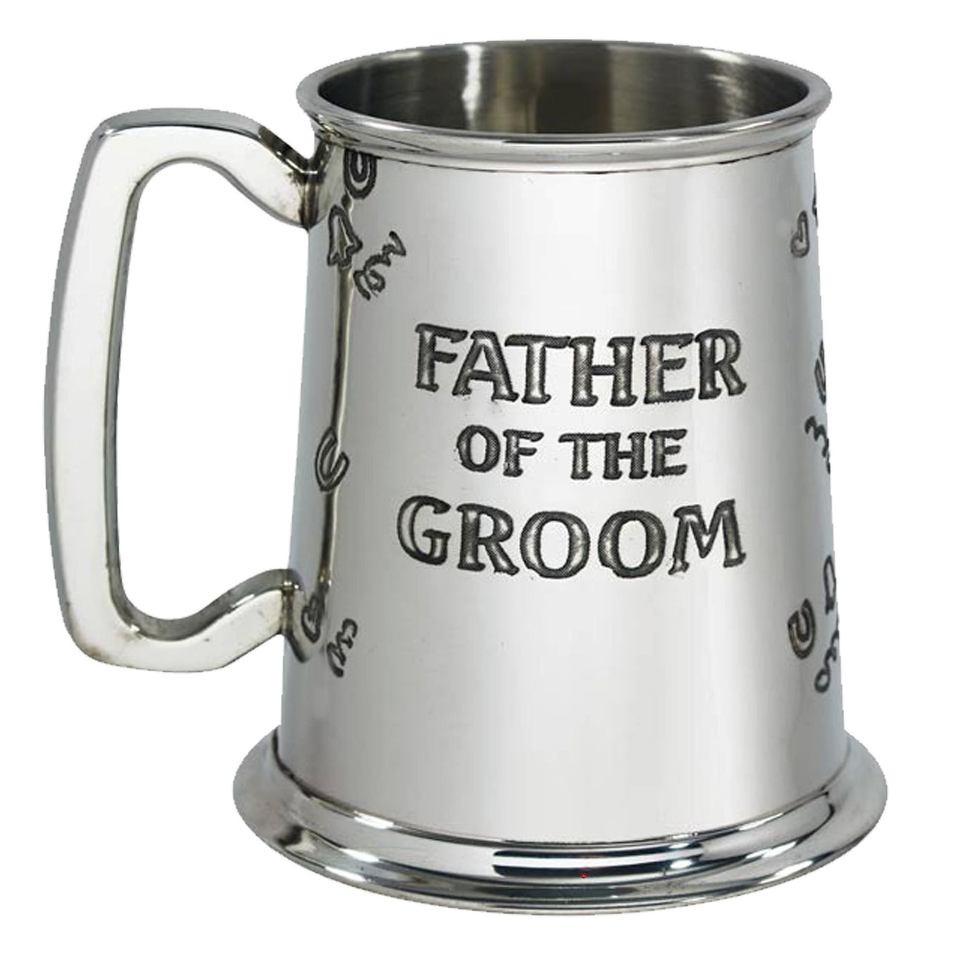 Metal mug with 'Father of the Groom' engraving on a white background