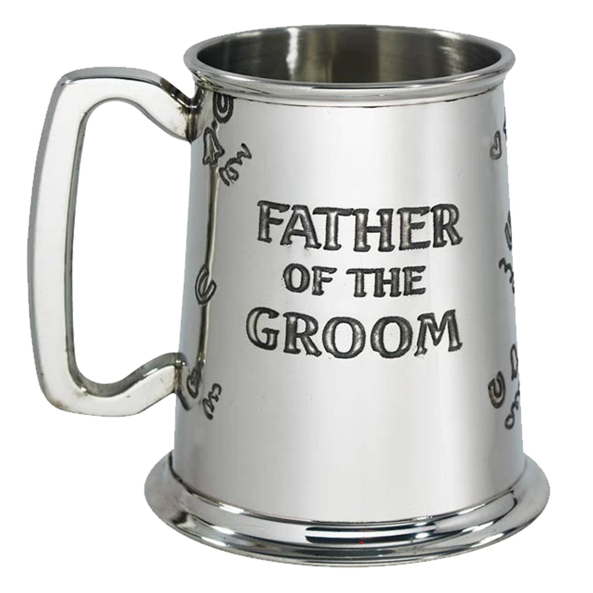 Metal mug with 'Father of the Groom' engraving on a white background
