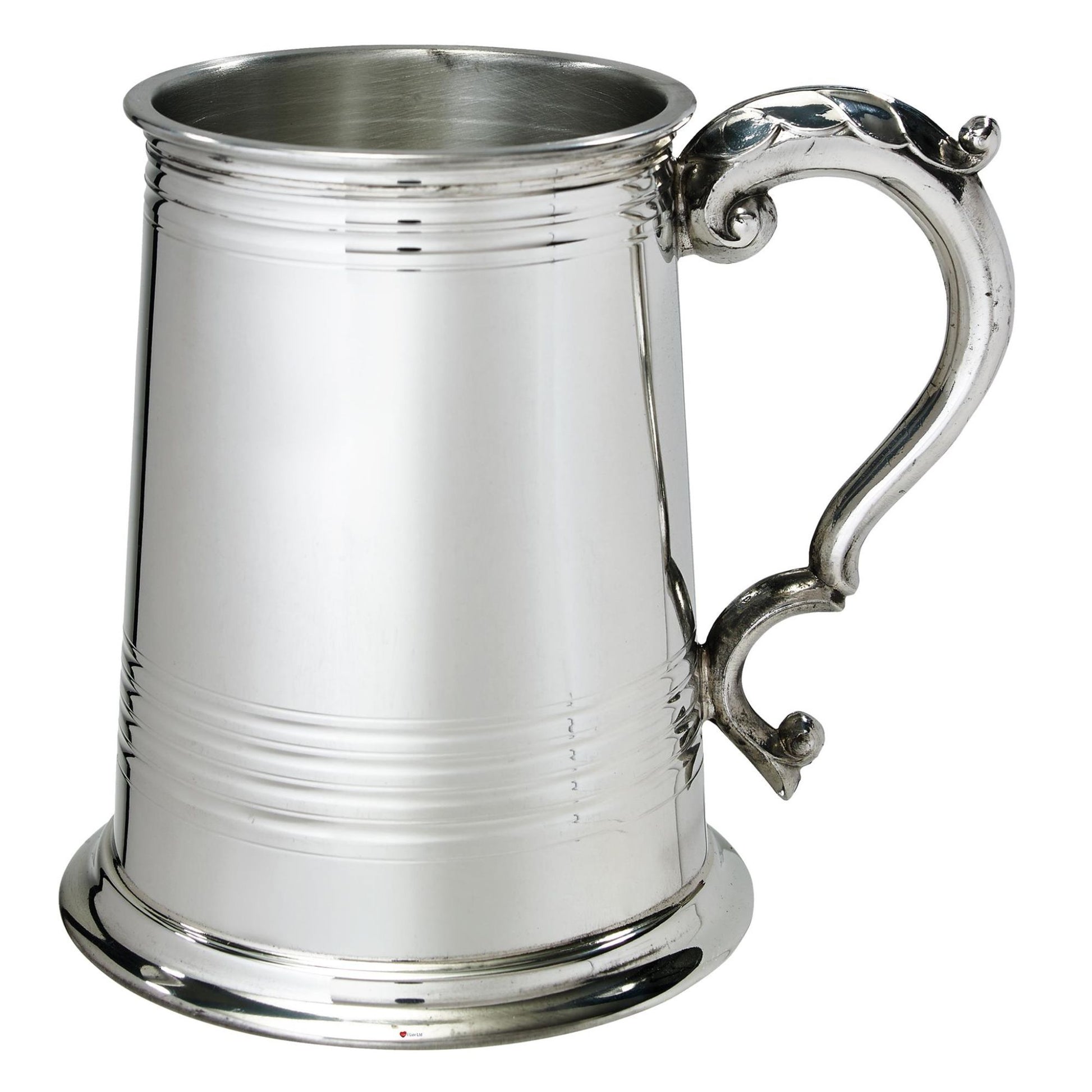 Silver tankard with decorative handle on a white background