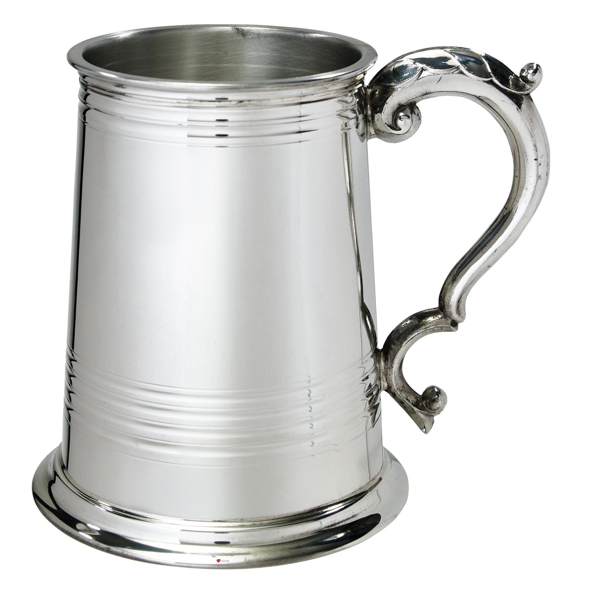 Silver tankard with decorative handle on a white background