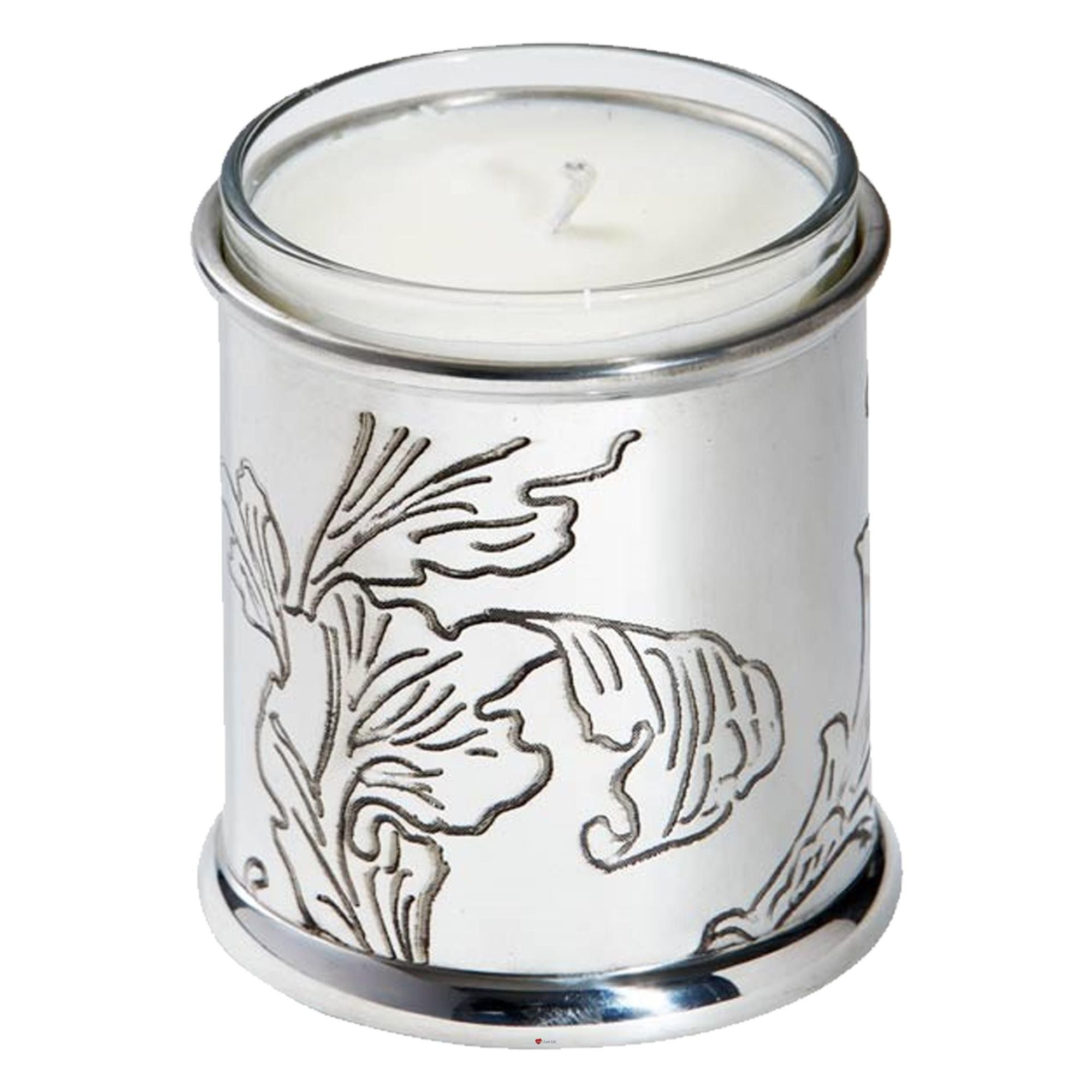 Silver candle holder with leaf design on a white background
