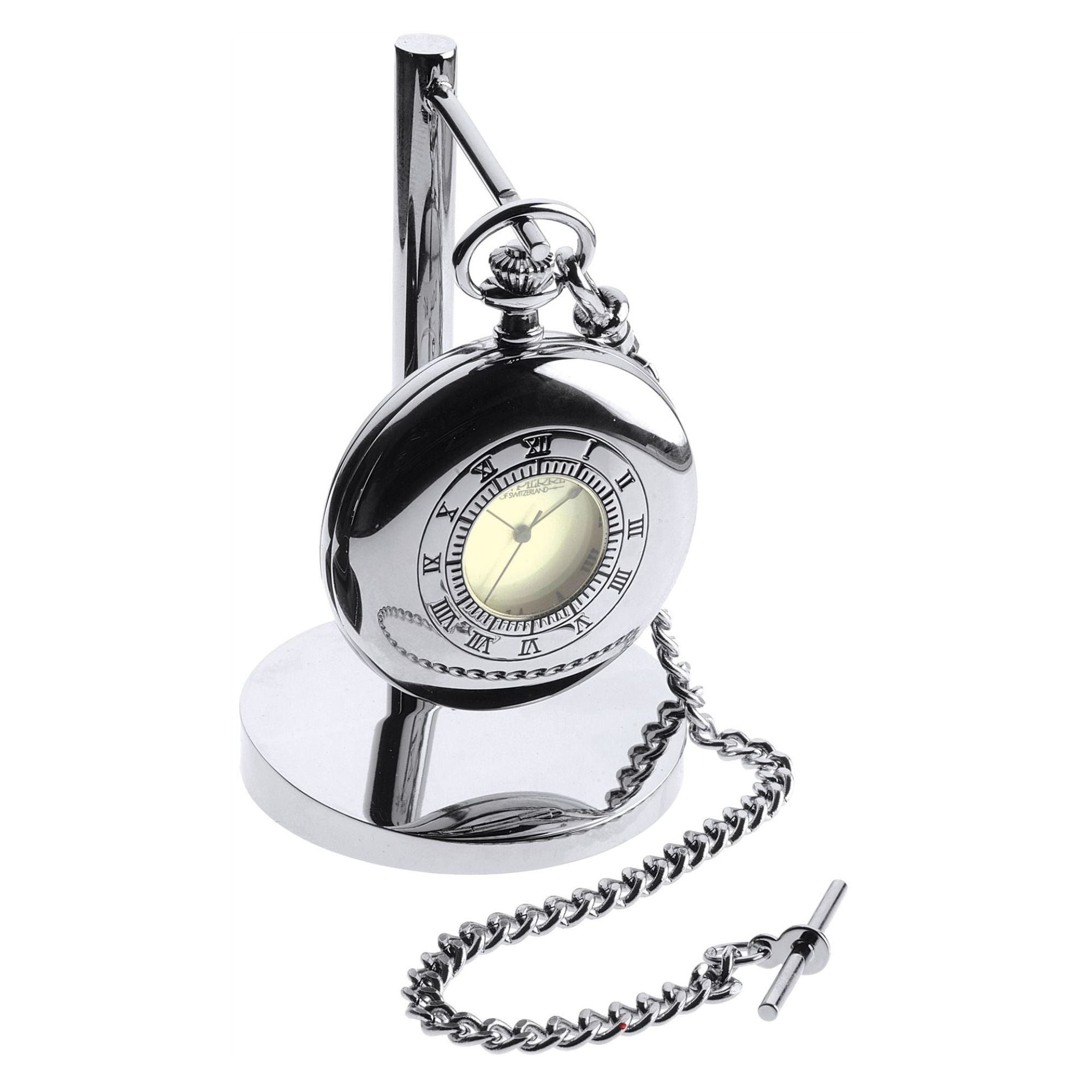 Silver pocket watch with chain on a white background