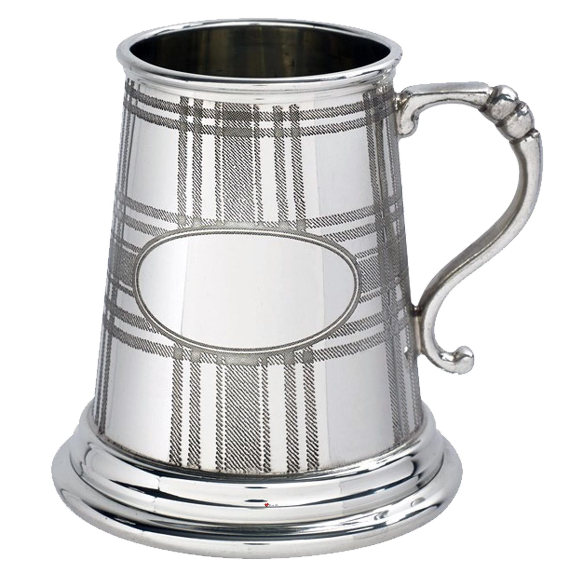 Silver tankard with plaid pattern on a white background