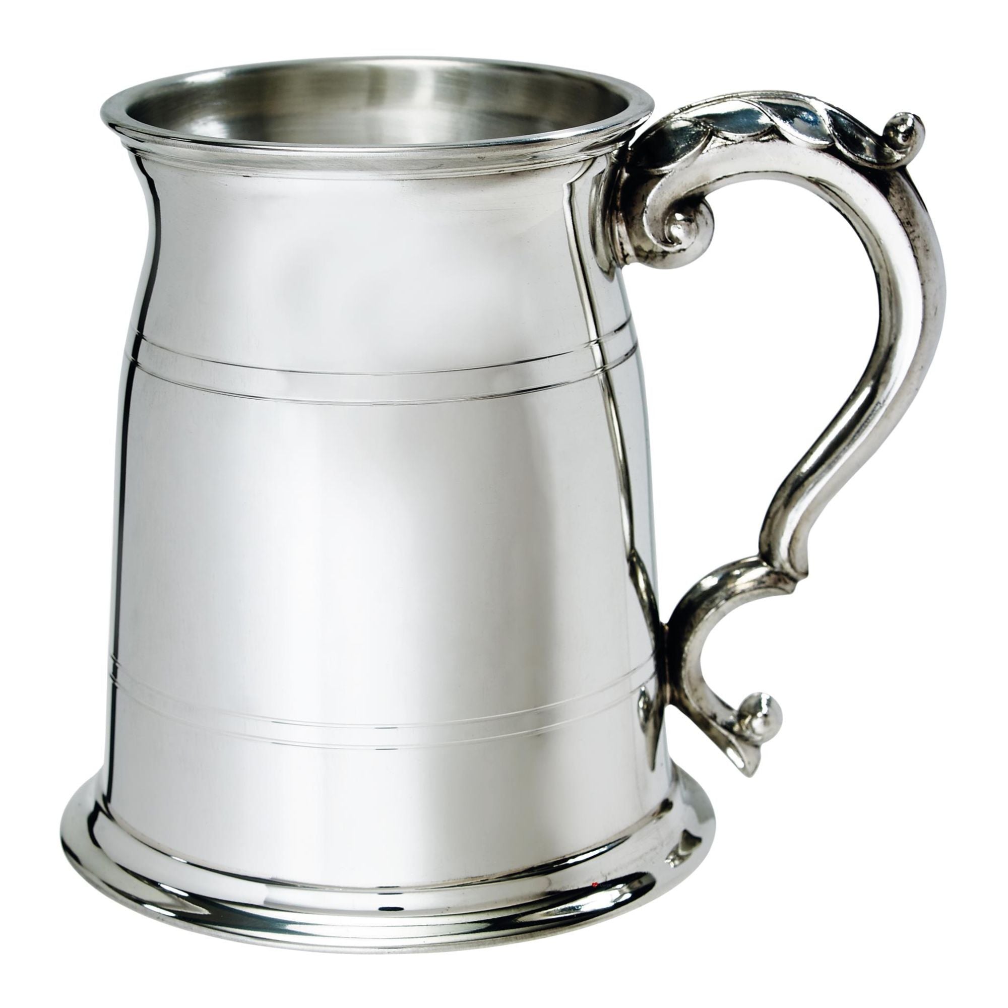 Silver tankard with a handle on a white background