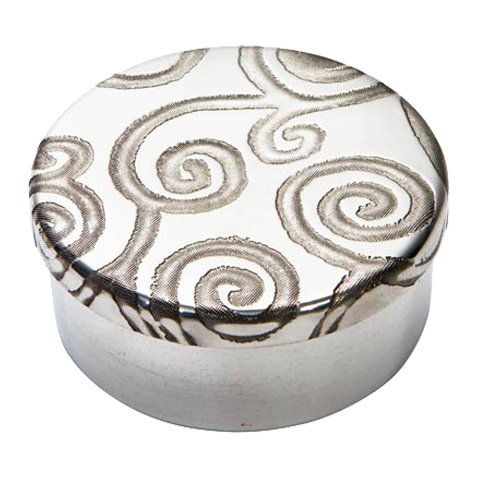 Round ceramic container with decorative swirl pattern on a white background