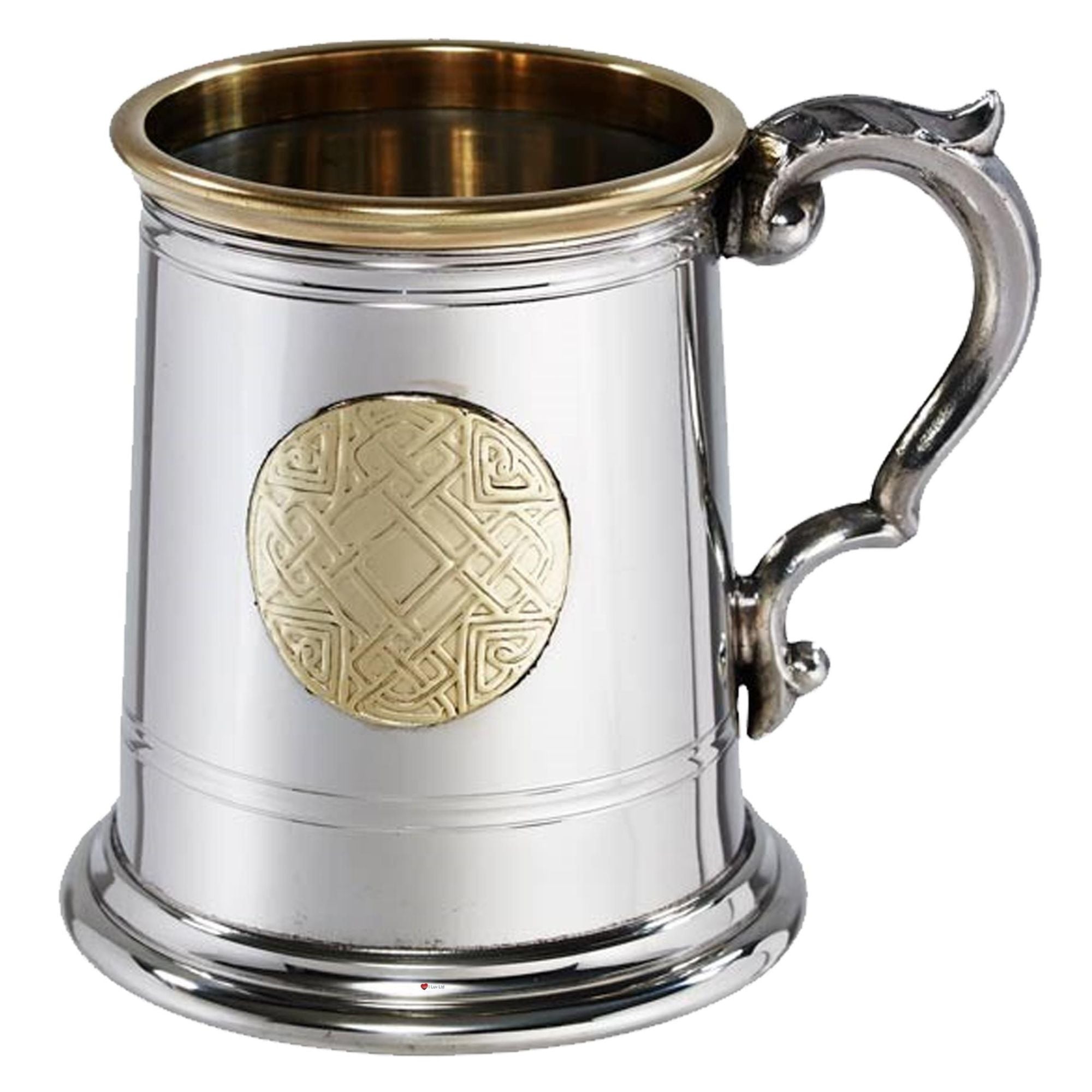 Silver tankard with a gold emblem on a white background