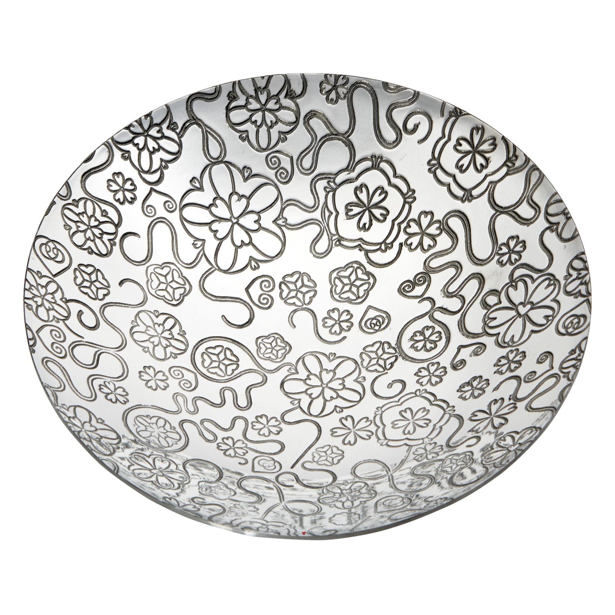 Decorative plate with black floral and abstract patterns on a white background
