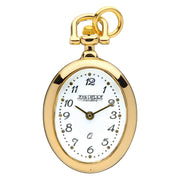 Gold pocket watch with white face on a white background