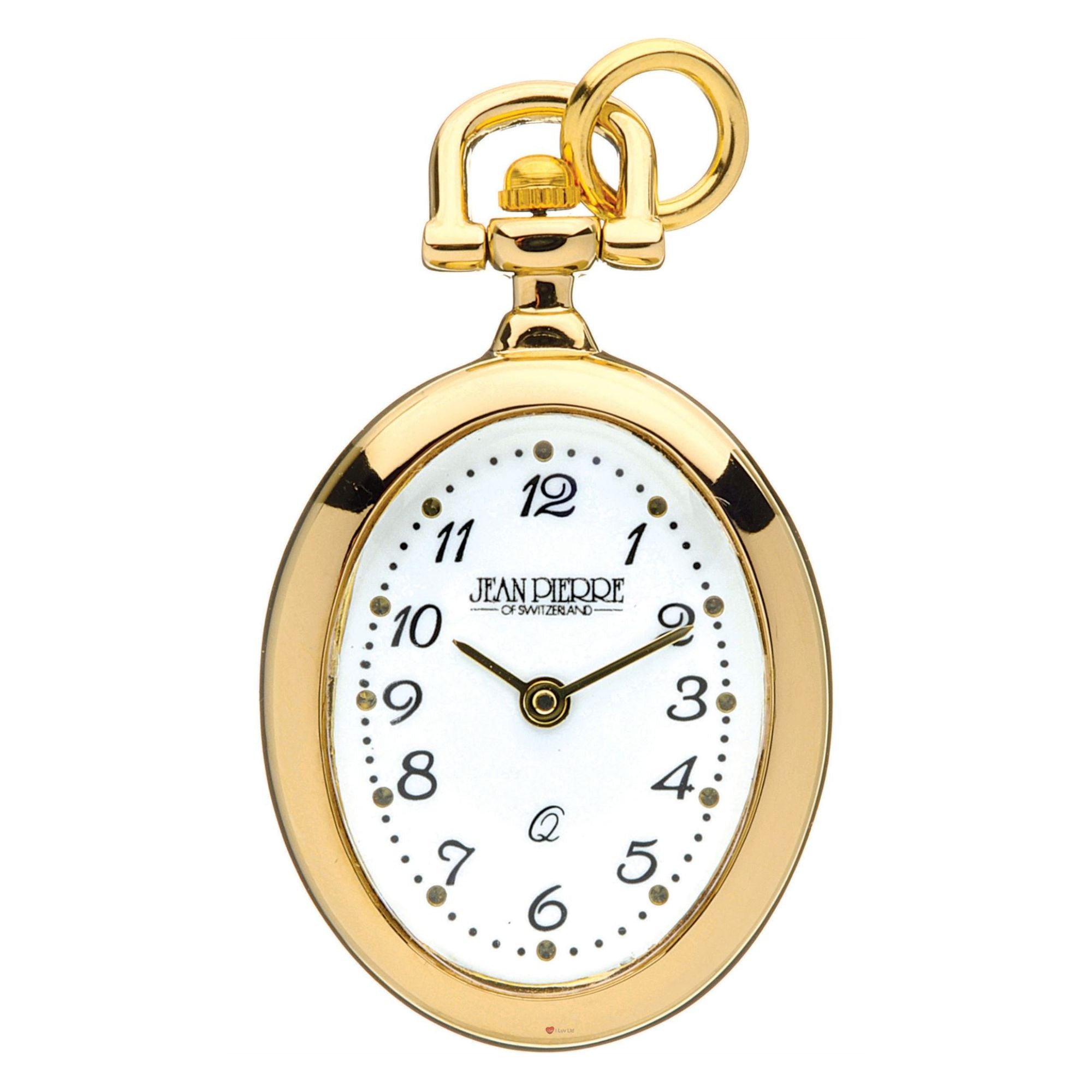 Gold pocket watch with white face on a white background