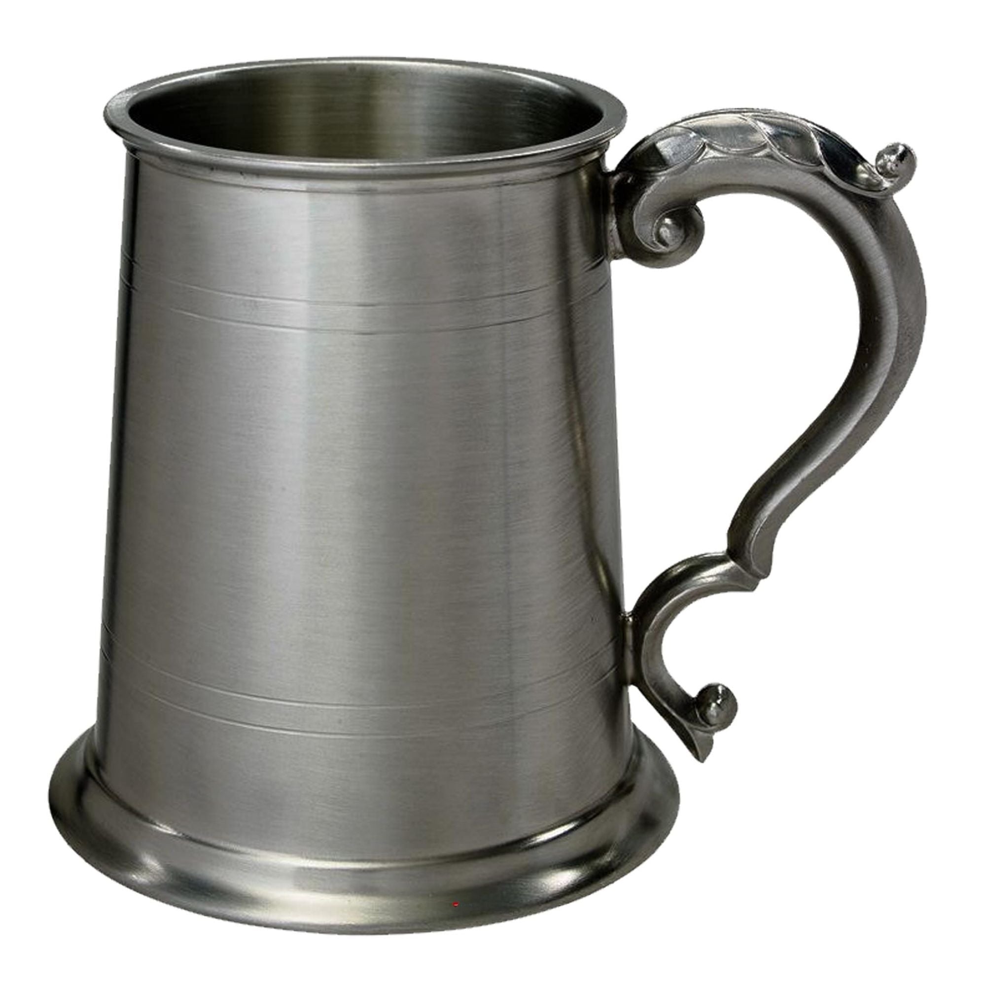 Silver tankard with a decorative handle on a white background