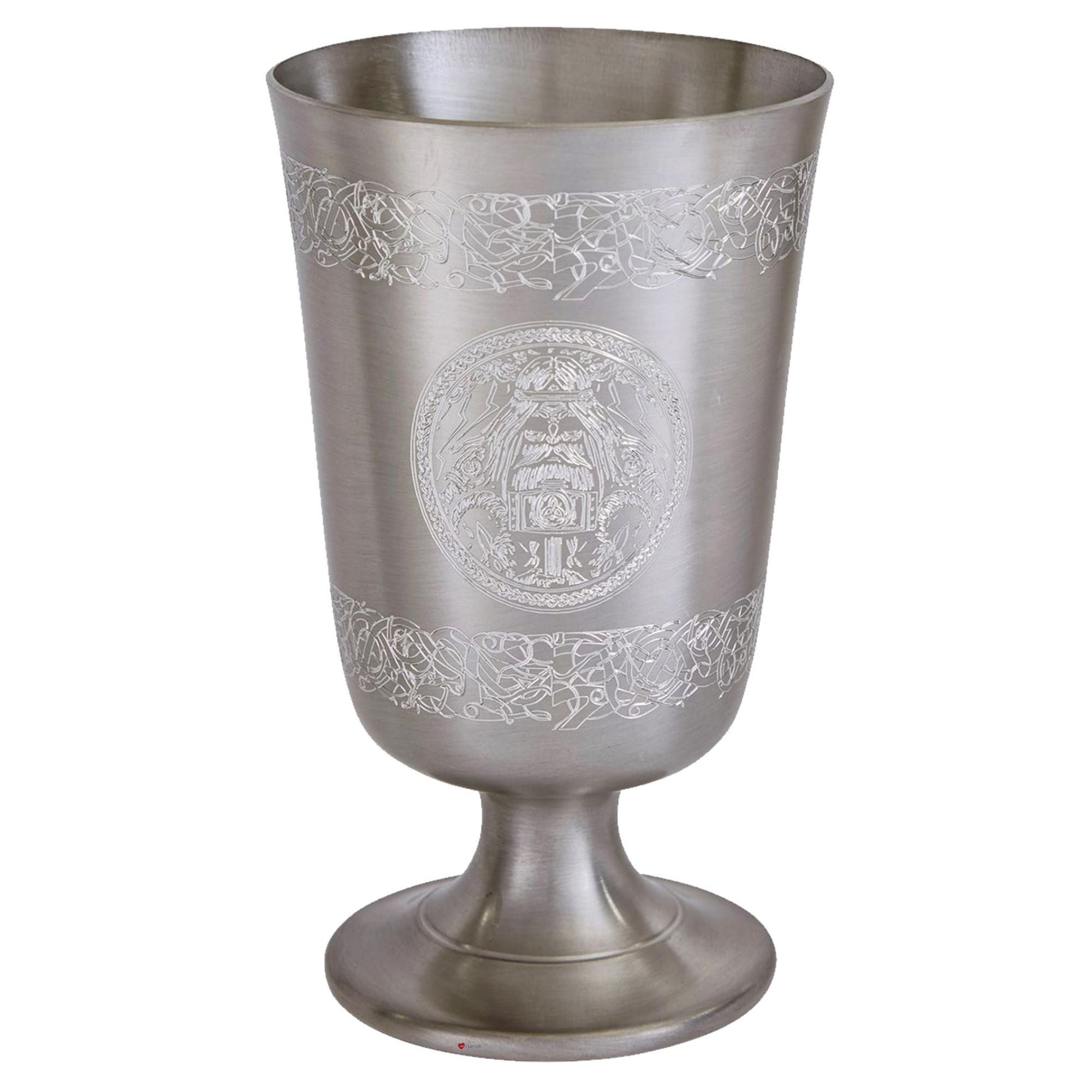 Silver goblet with intricate designs on a white background