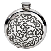 Silver flask with Celtic knot design on a white background