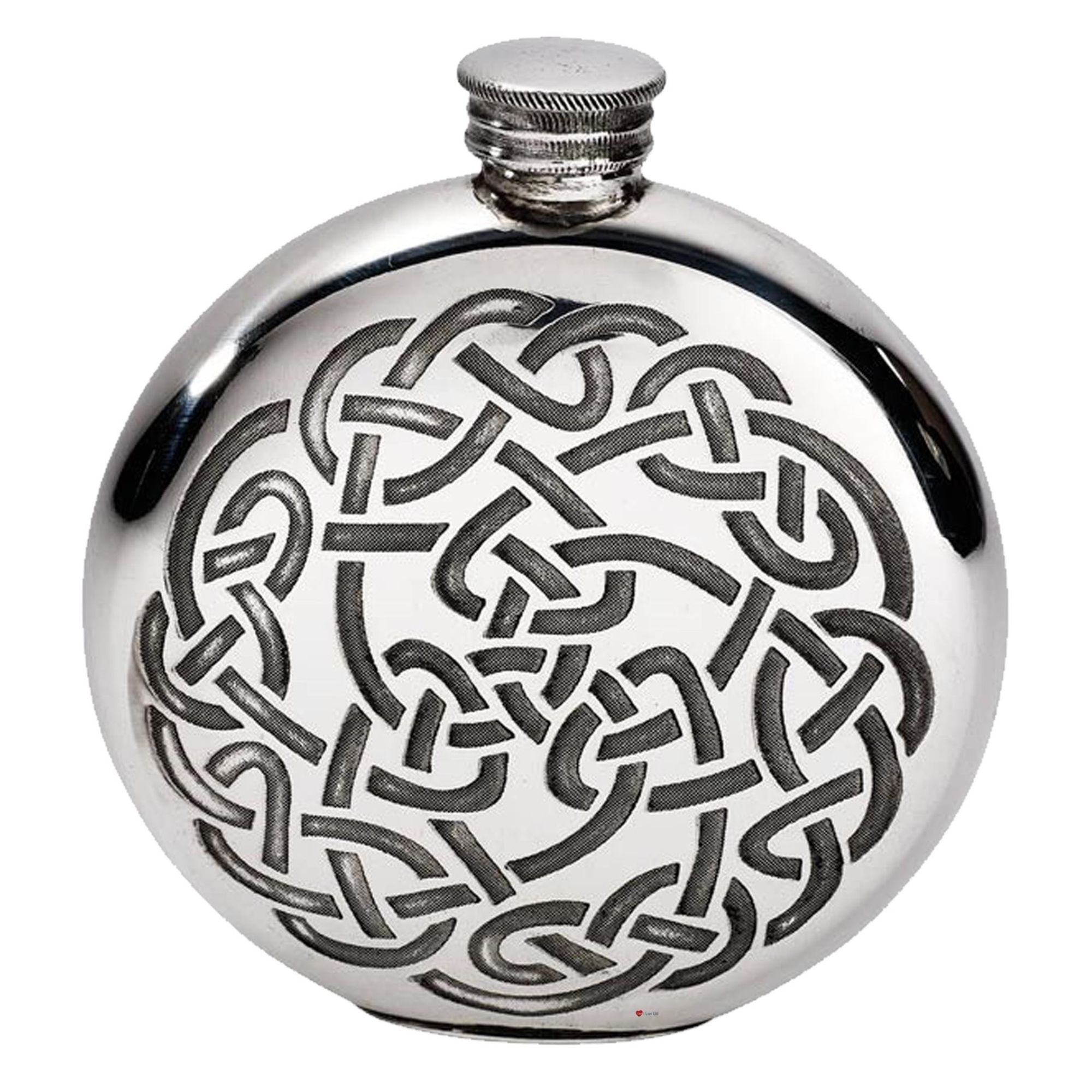 Silver flask with Celtic knot design on a white background